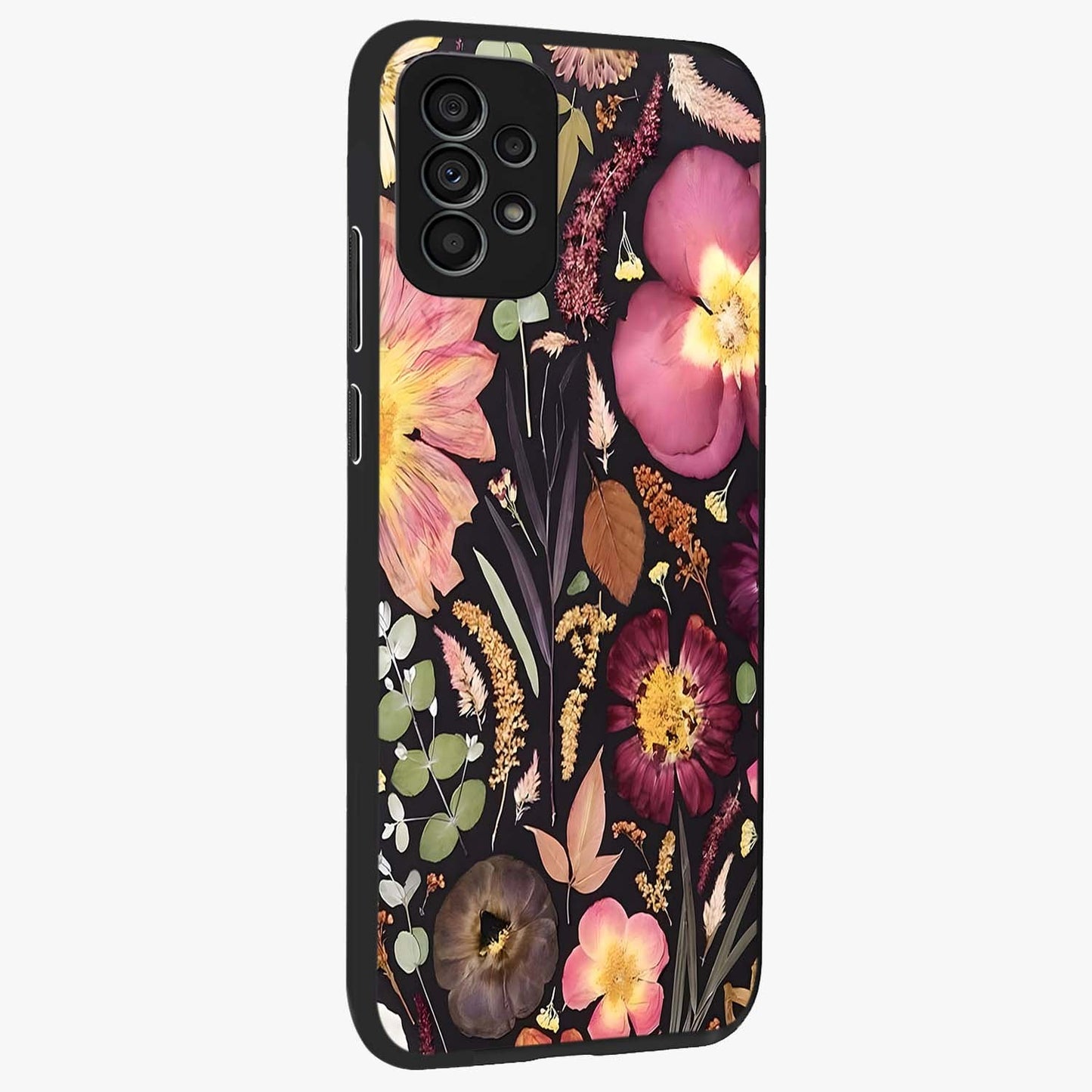 Petal Dream Tapestry Glass Case upright view showcasing detailed floral tapestry artwork with artistic nature theme.