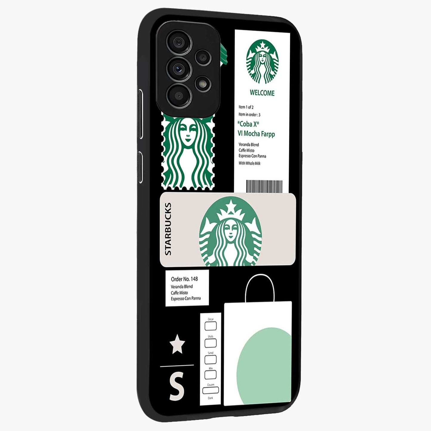 Starbucks Mocha Glass Case upright view showcasing trendy coffee inspired artwork with modern lifestyle theme.