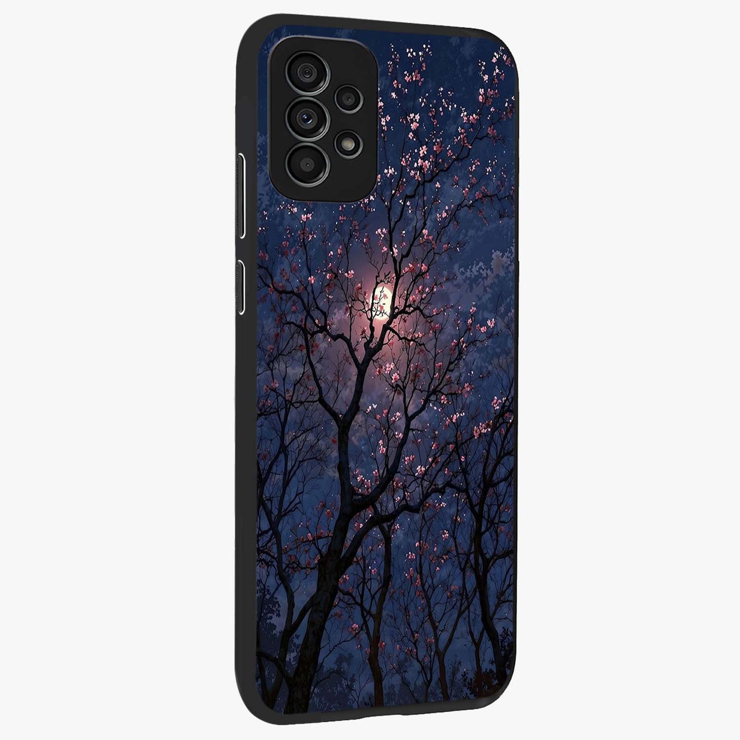 Twilight Sakura Serenade Glass Case upright view showcasing beautiful cherry blossom artwork with serene evening theme.