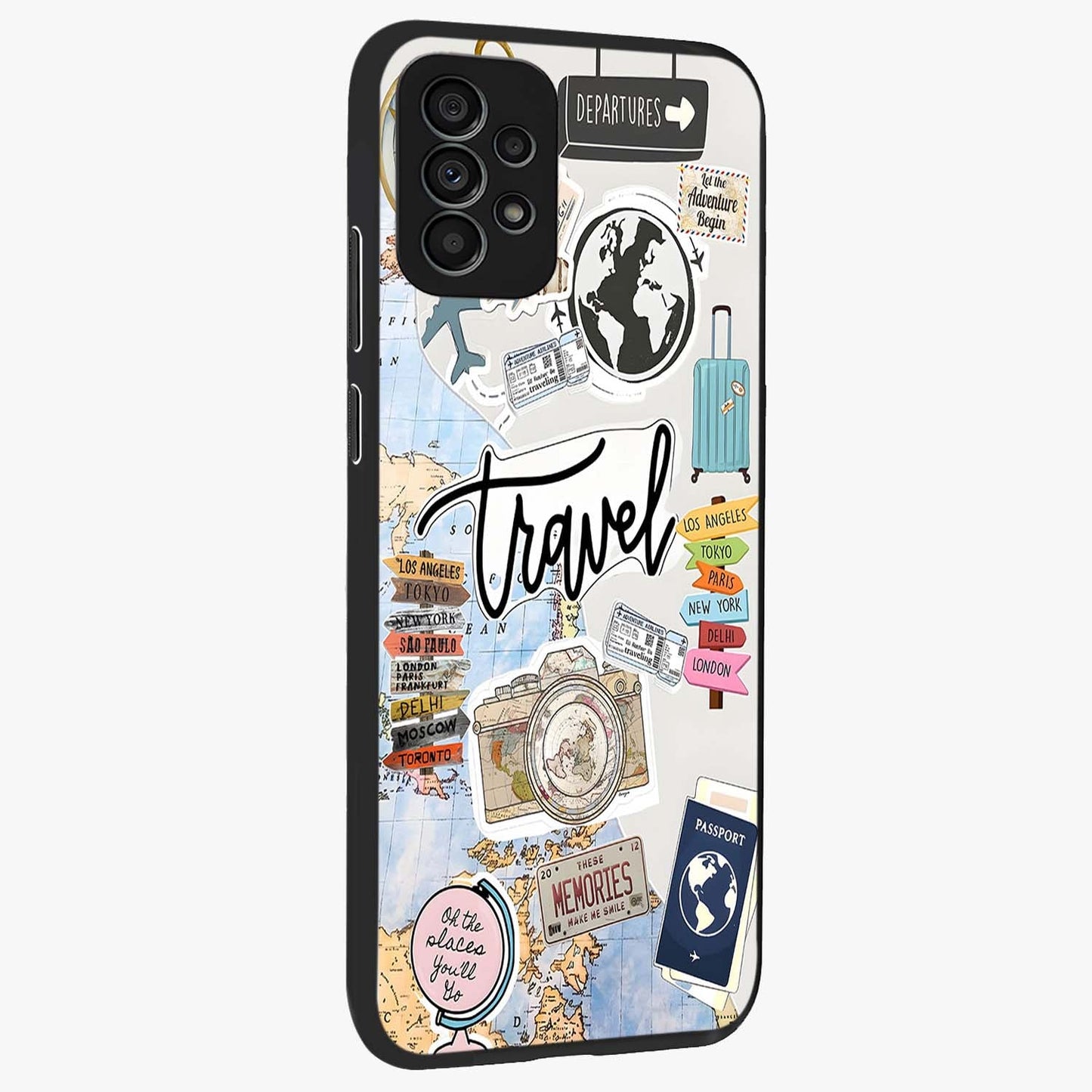 Wanderlust Journal Glass Case upright view showcasing wanderlust inspired artwork with creative exploration theme.