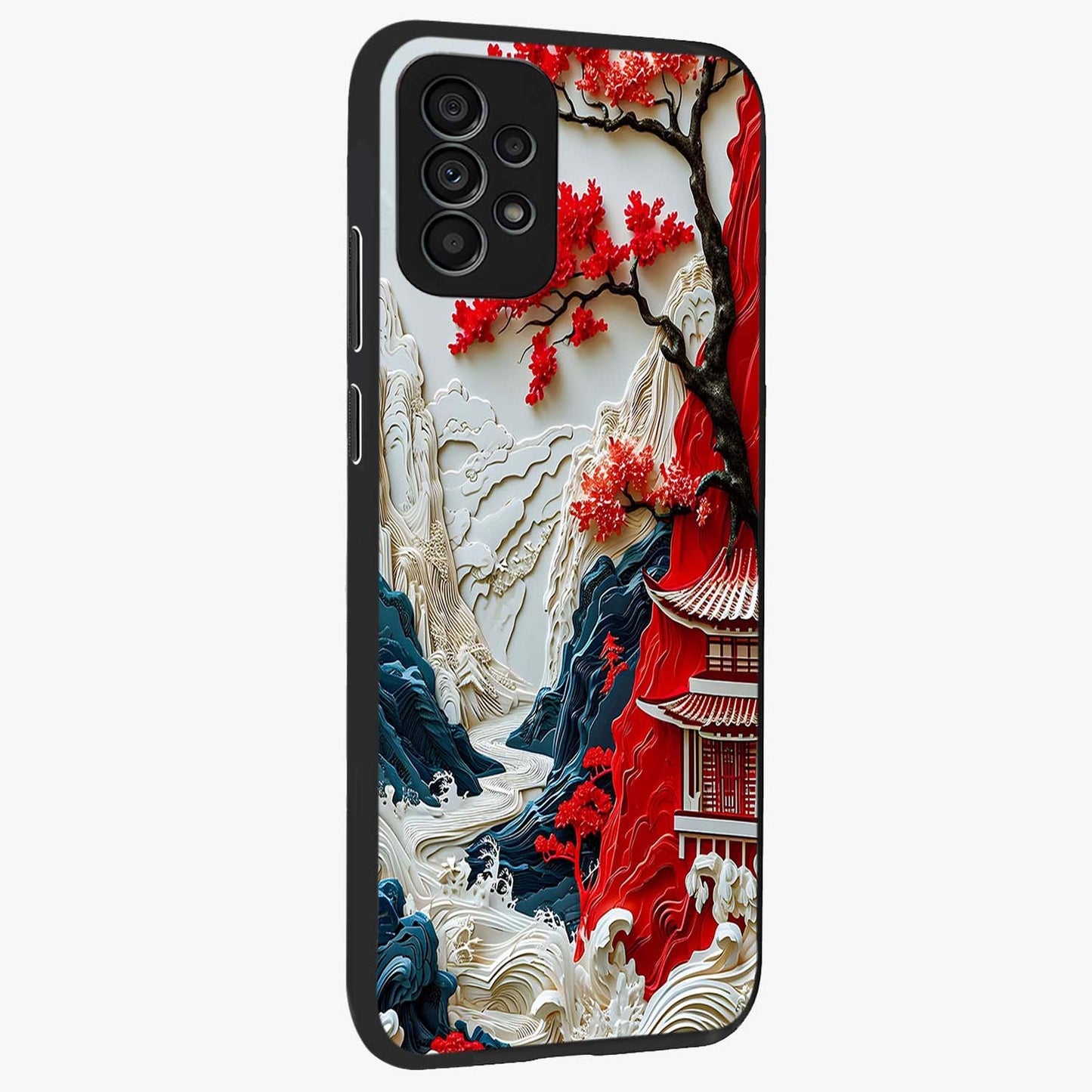 Whispers Of Sakura Waves Glass Case upright view showcasing delicate cherry blossom artwork with elegant nature theme.