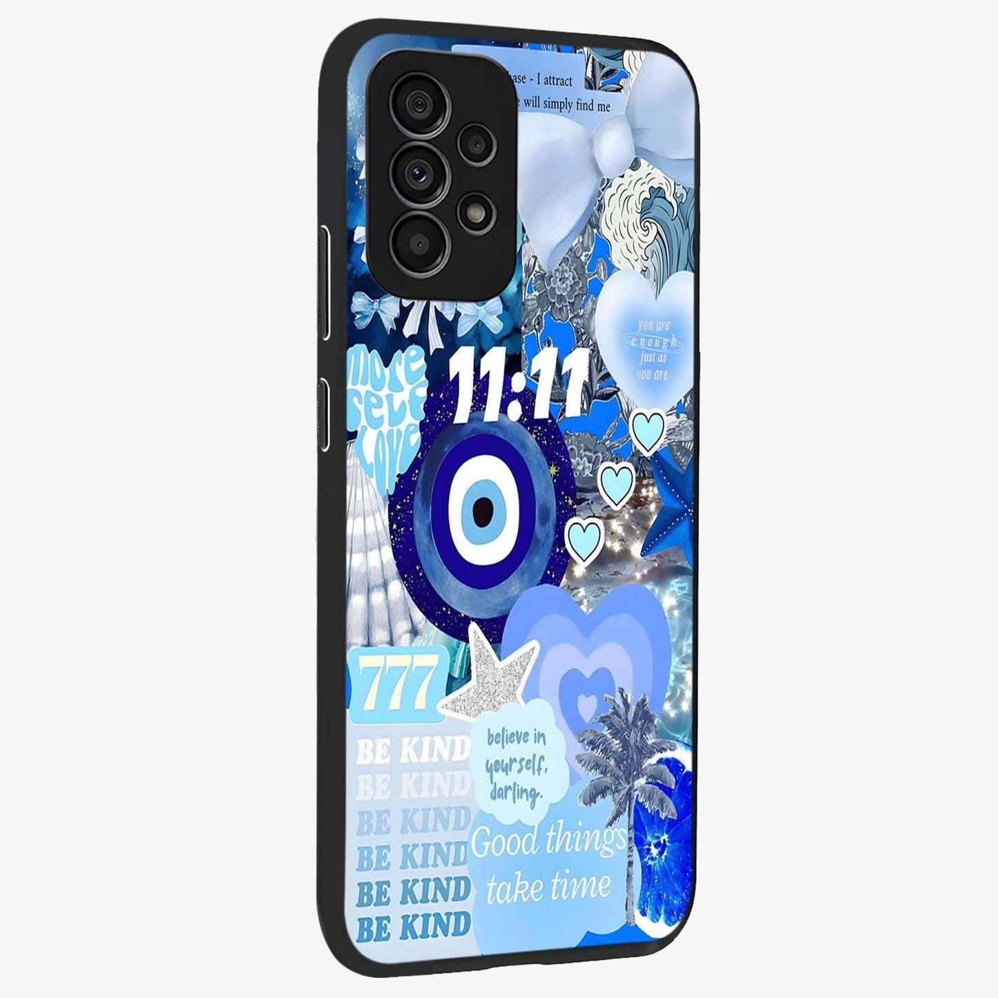 Aesthetic Be Kind Eye Glass Case upright view showcasing stylish eye illustration with positive message theme.