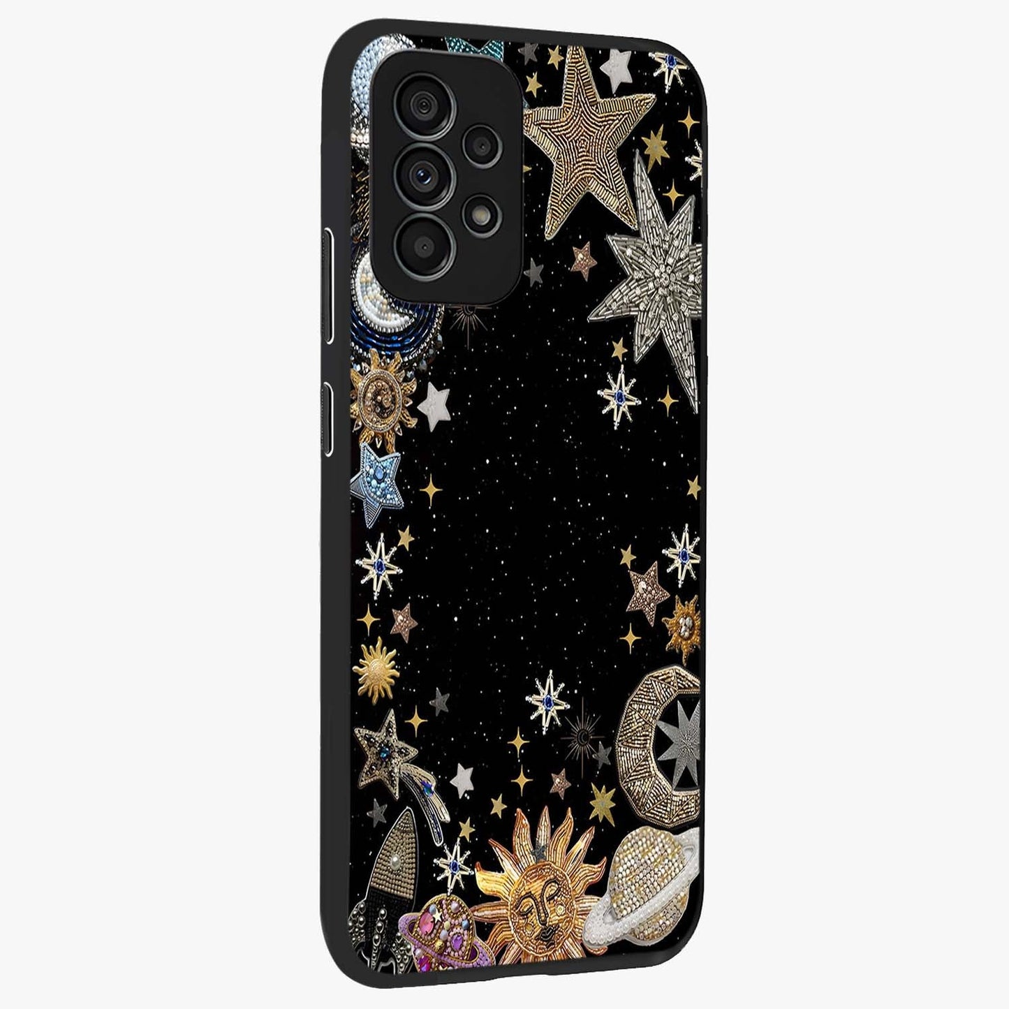 Galactic Jewel Stars Glass Case upright view showcasing glittering star jewel artwork with vibrant galaxy theme.