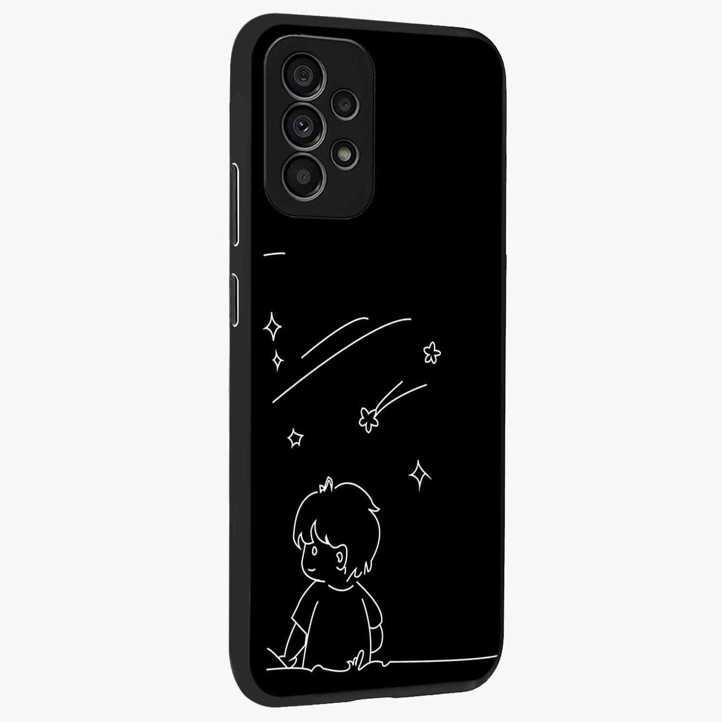 Line Art Boy With Shooting Stars Glass Case upright view showcasing artistic shooting star illustration with minimal style.