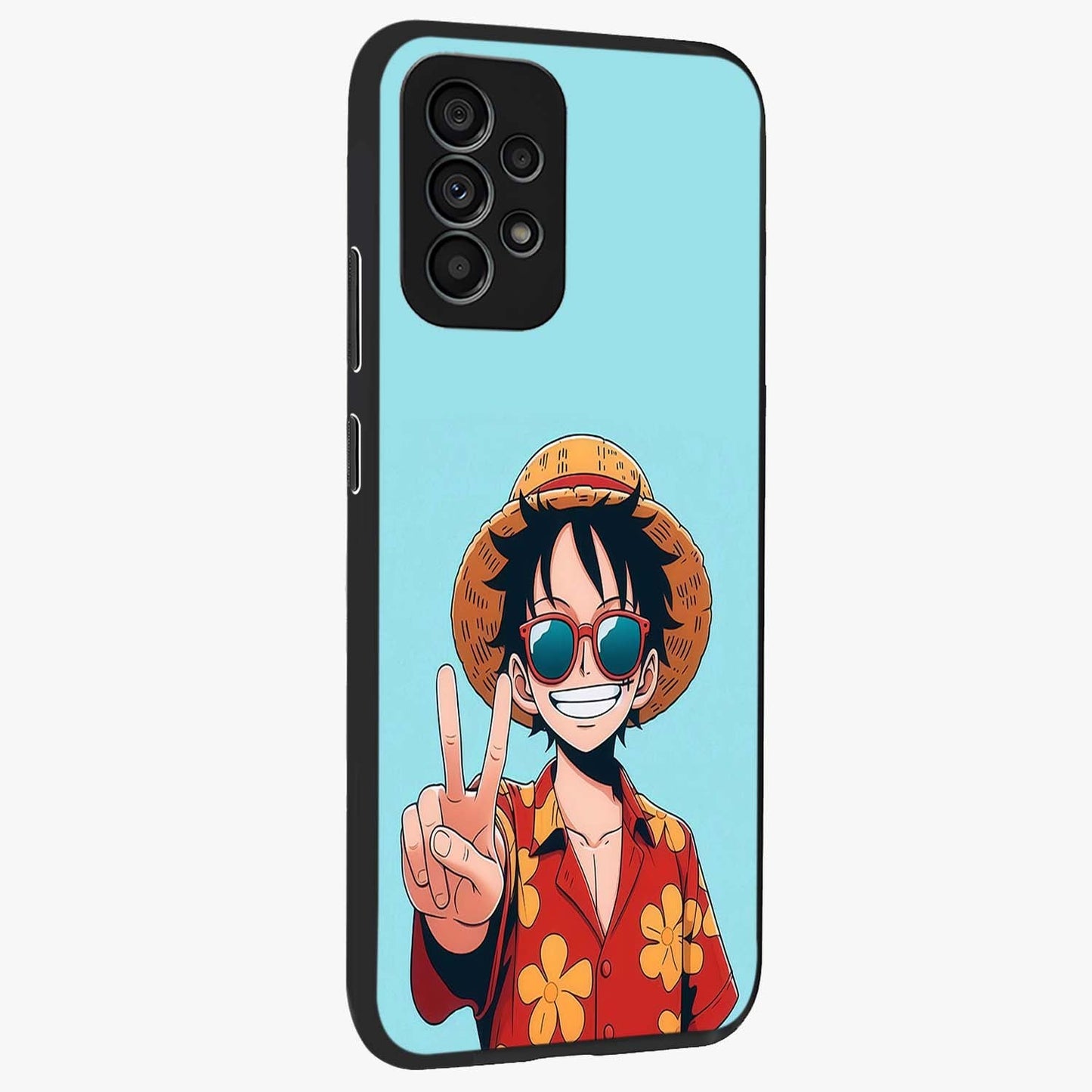 Luffy Summer Anime Vibe Glass Case upright view showcasing dynamic anime artwork with bright adventurous theme.