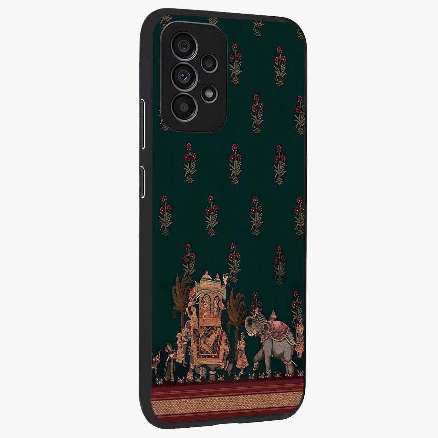 Macmerise Glass Case upright view showcasing bold artistic artwork with contemporary design theme.