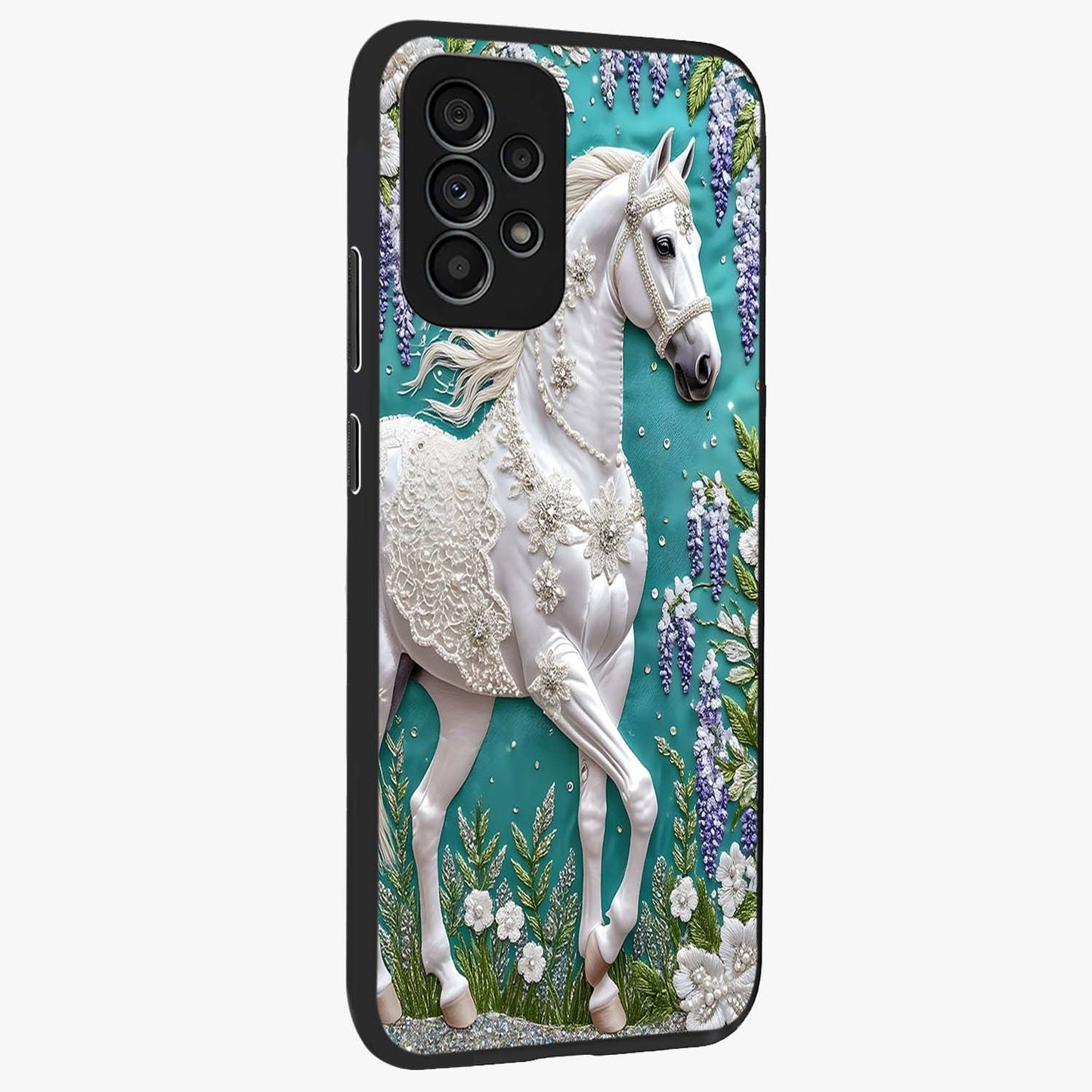 Majestic Floral Stallion Glass Case upright view showcasing dramatic horse artwork with decorative floral theme.