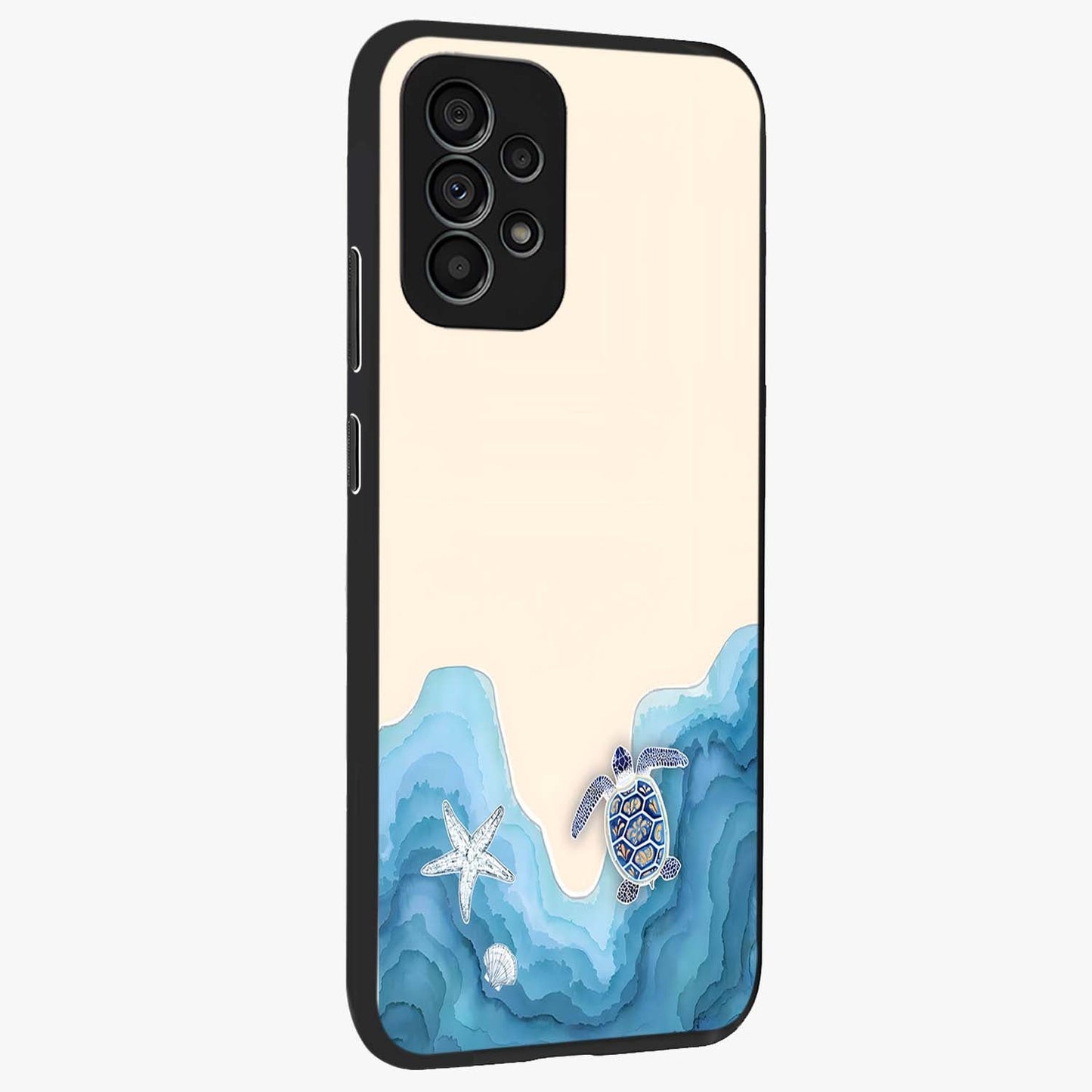 Ocean Drift Turtle Glass Case upright view showcasing calm underwater turtle artwork with nature inspired theme.