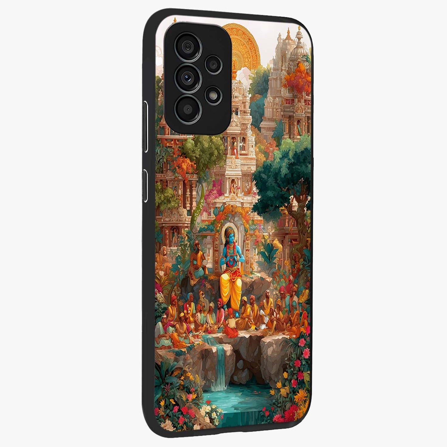 Sacred Sunlight Gods Glass Case upright view showcasing glowing divine artwork with sacred mythological theme.