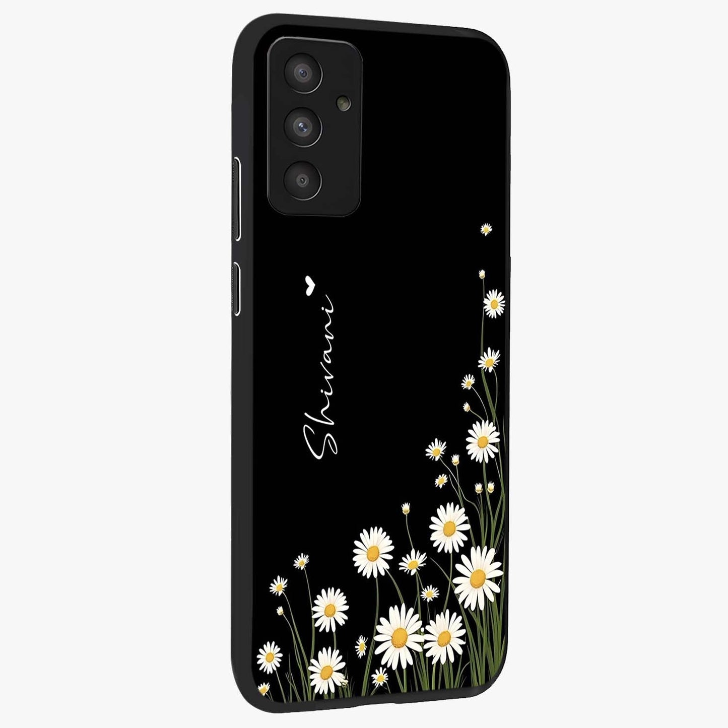 Daisy Cascade Custom Name Glass Case upright view showcasing elegant floral cascade design with personalized aesthetic.