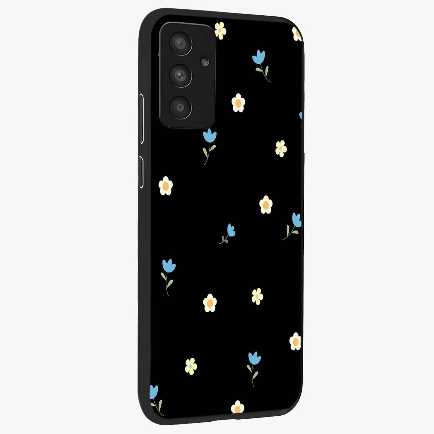 Minimal Petal Whispers Glass Case upright view showcasing elegant floral artwork with modern minimalist style.