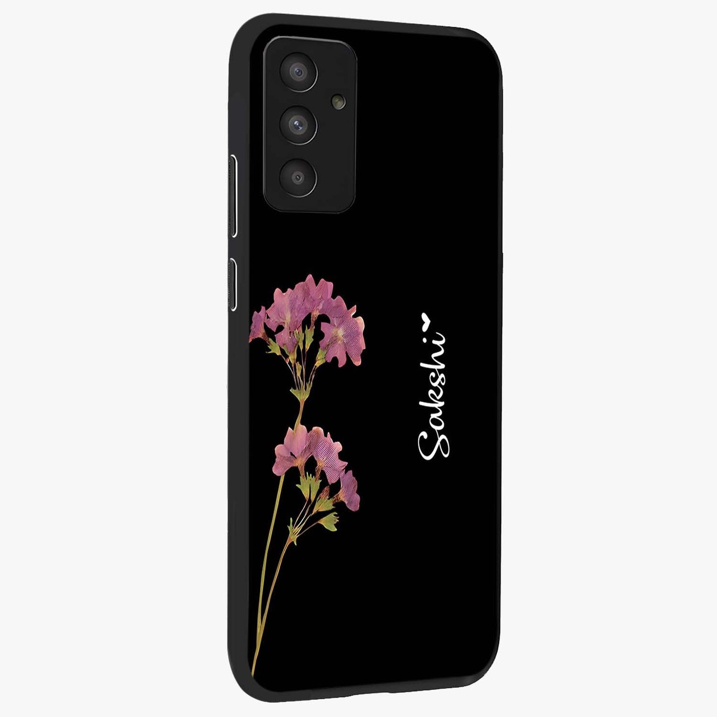 Riching Lavender Flower Custom Name Glass Case upright view showcasing elegant lavender floral artwork with personalized aesthetic.