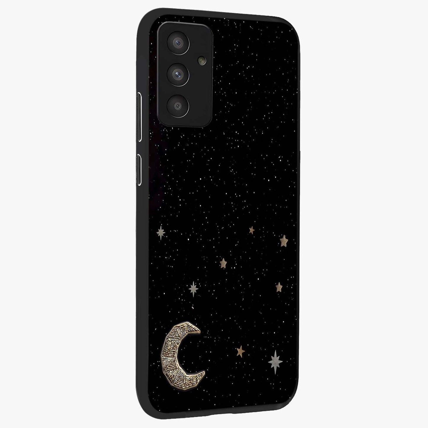 Twinkle Star With Half Moon Glass Case upright view showcasing glowing cosmic artwork with dreamy night theme.