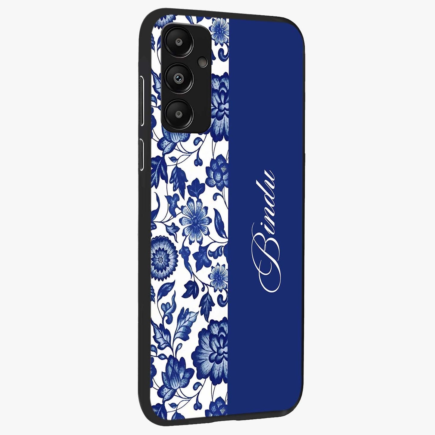 Blue Vintage Floral Pattern Glass Case upright view showcasing delicate blush floral texture with modern minimal style.