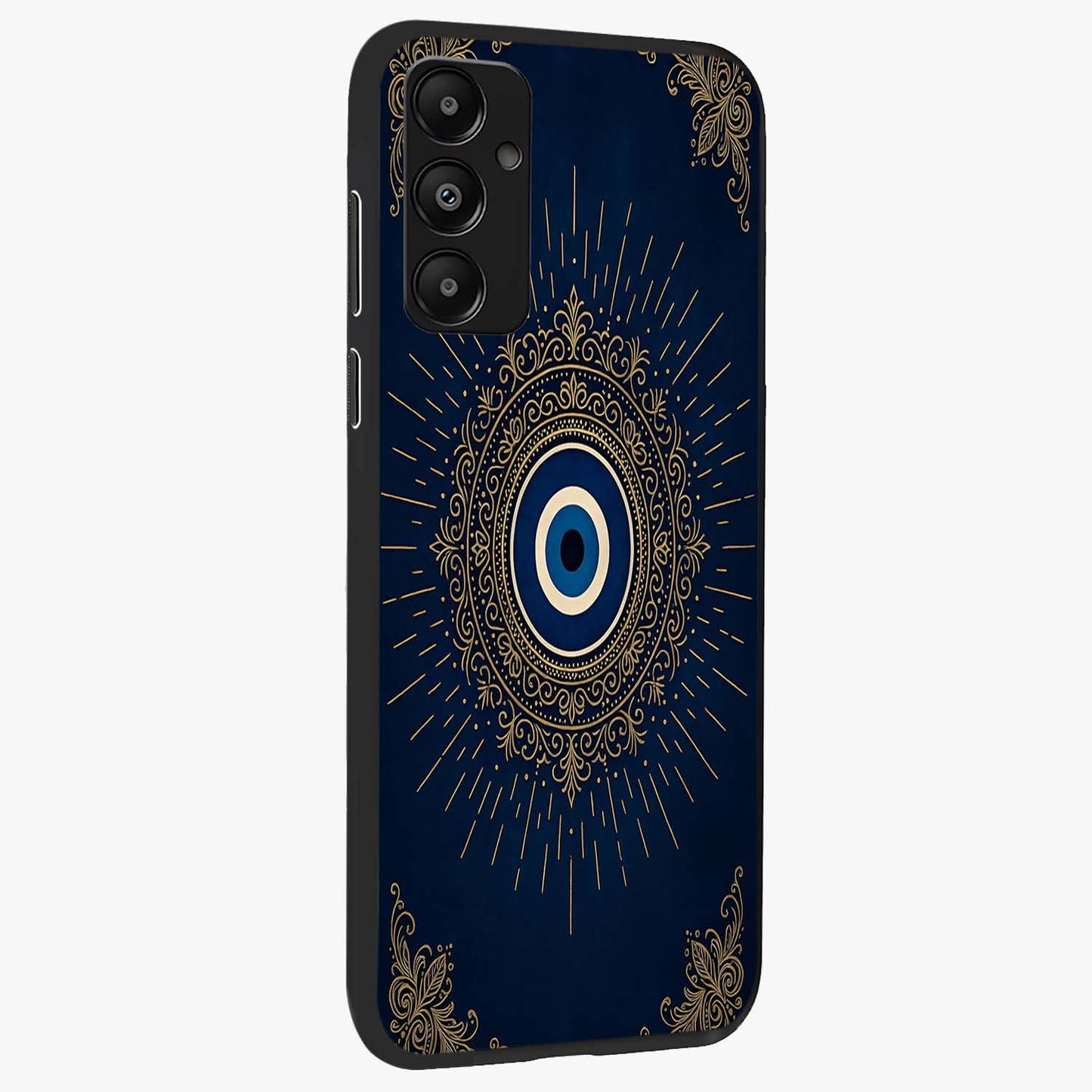Golden Celestial Charm Glass Case upright view showcasing radiant celestial artwork with elegant golden theme.