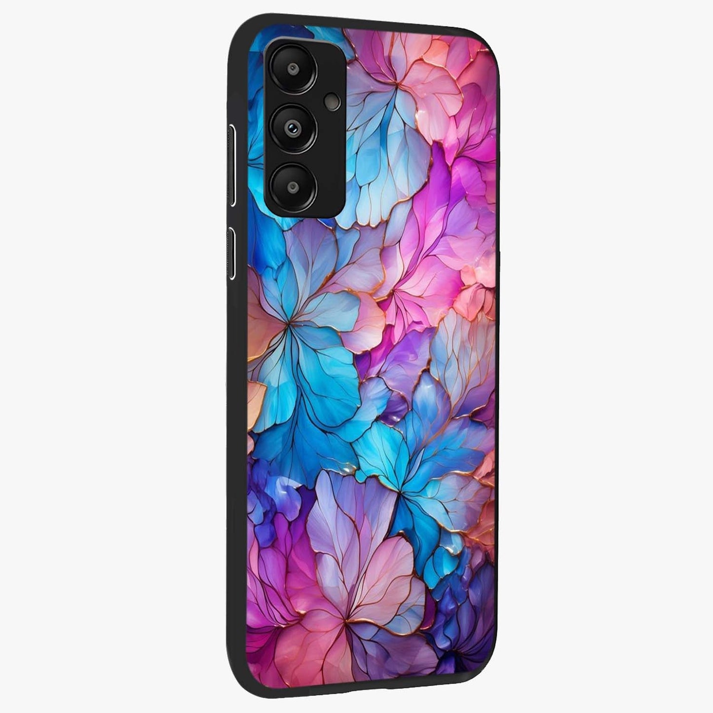 Radiant Floral Whirl Glass Case upright view showcasing lively floral artwork with decorative swirl theme.