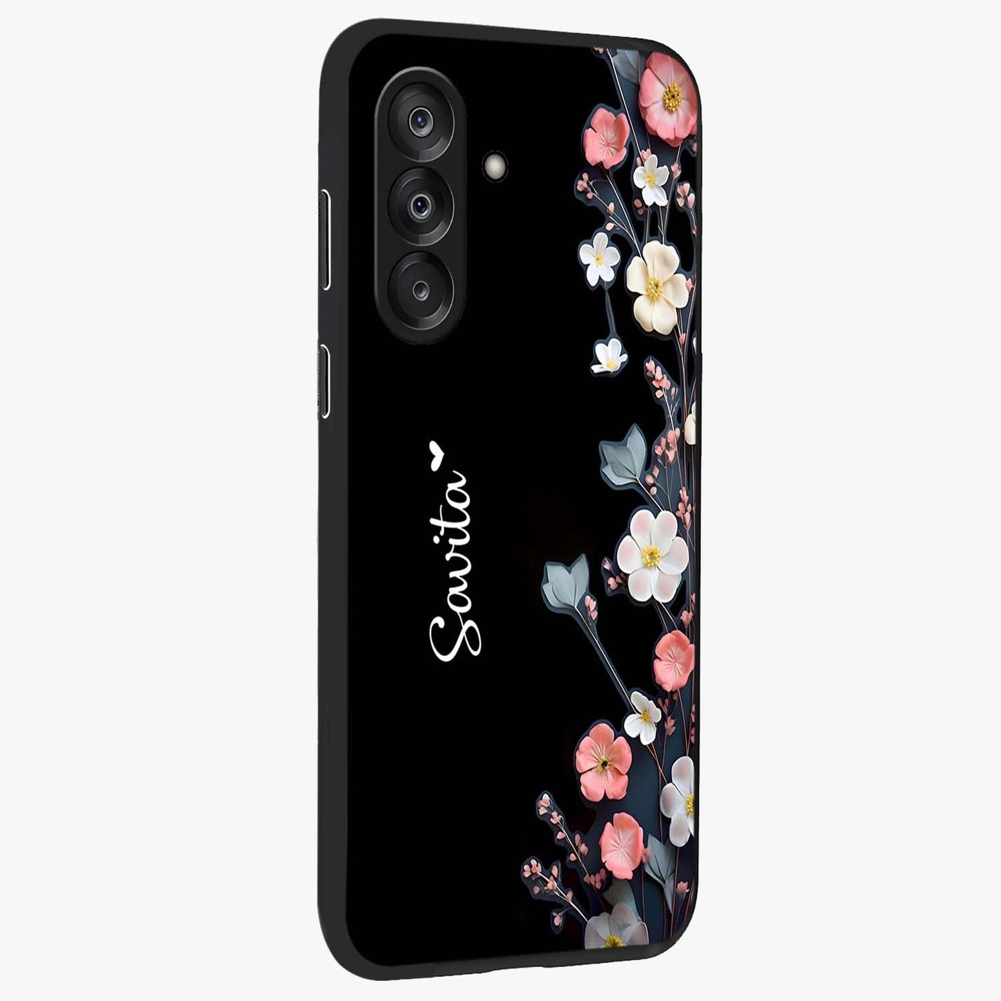 Black Elegance Floral Custom Name Glass Case upright view showcasing luxurious black floral design with personalized name detail.