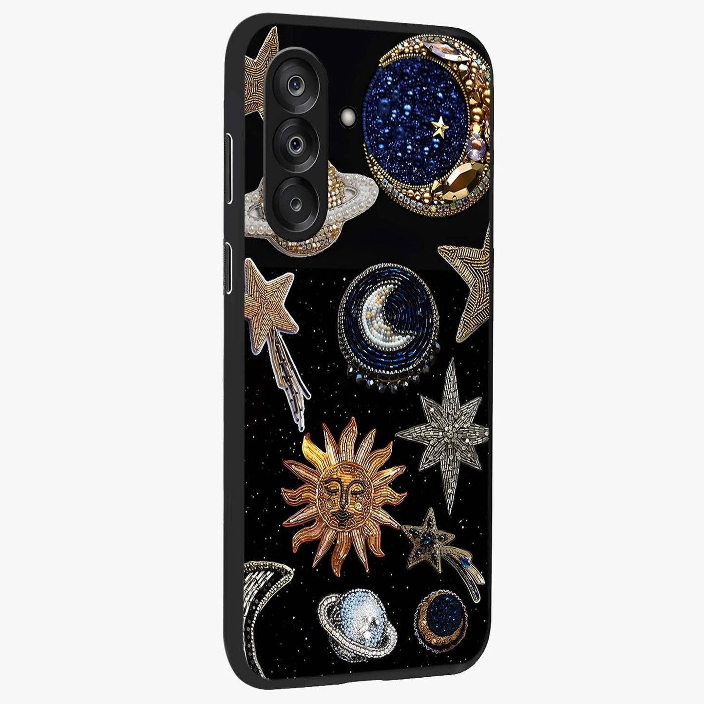 Celestial Gem Constellations Glass Case upright view showcasing cosmic constellation artwork with celestial aesthetic style.