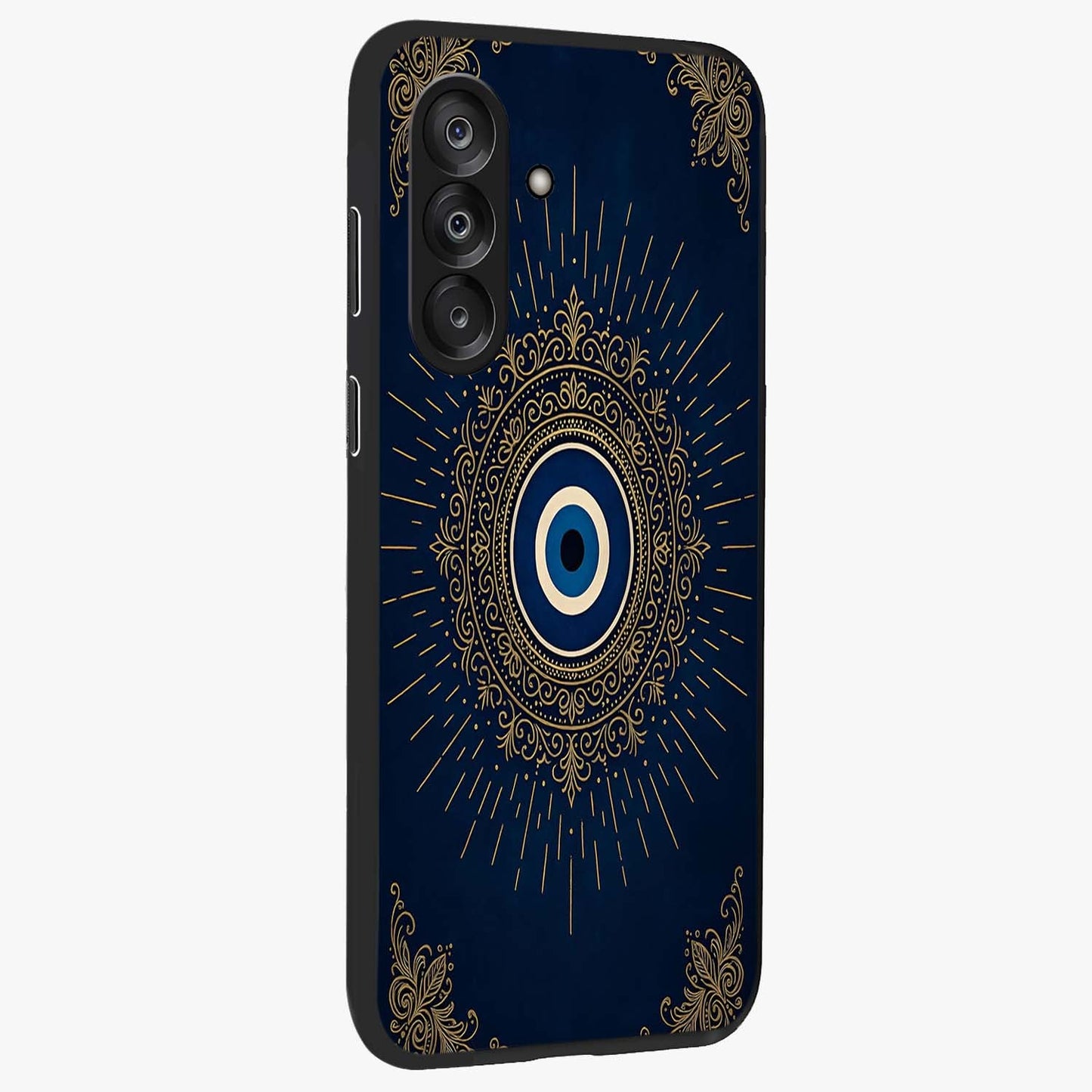 Golden Celestial Charm Glass Case upright view showcasing radiant celestial artwork with elegant golden theme.