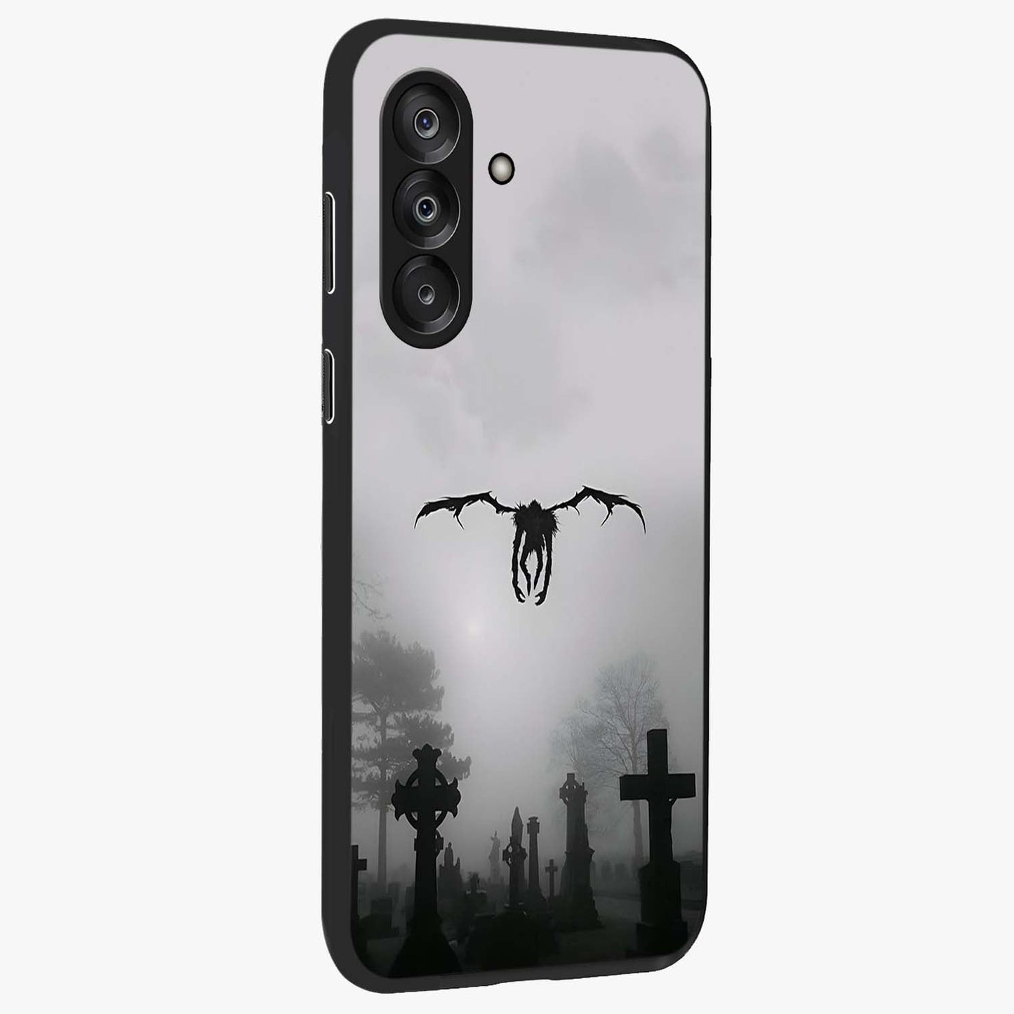 Graveyard Shadow Descent Glass Case upright view showcasing haunting graveyard artwork with dramatic dark theme.