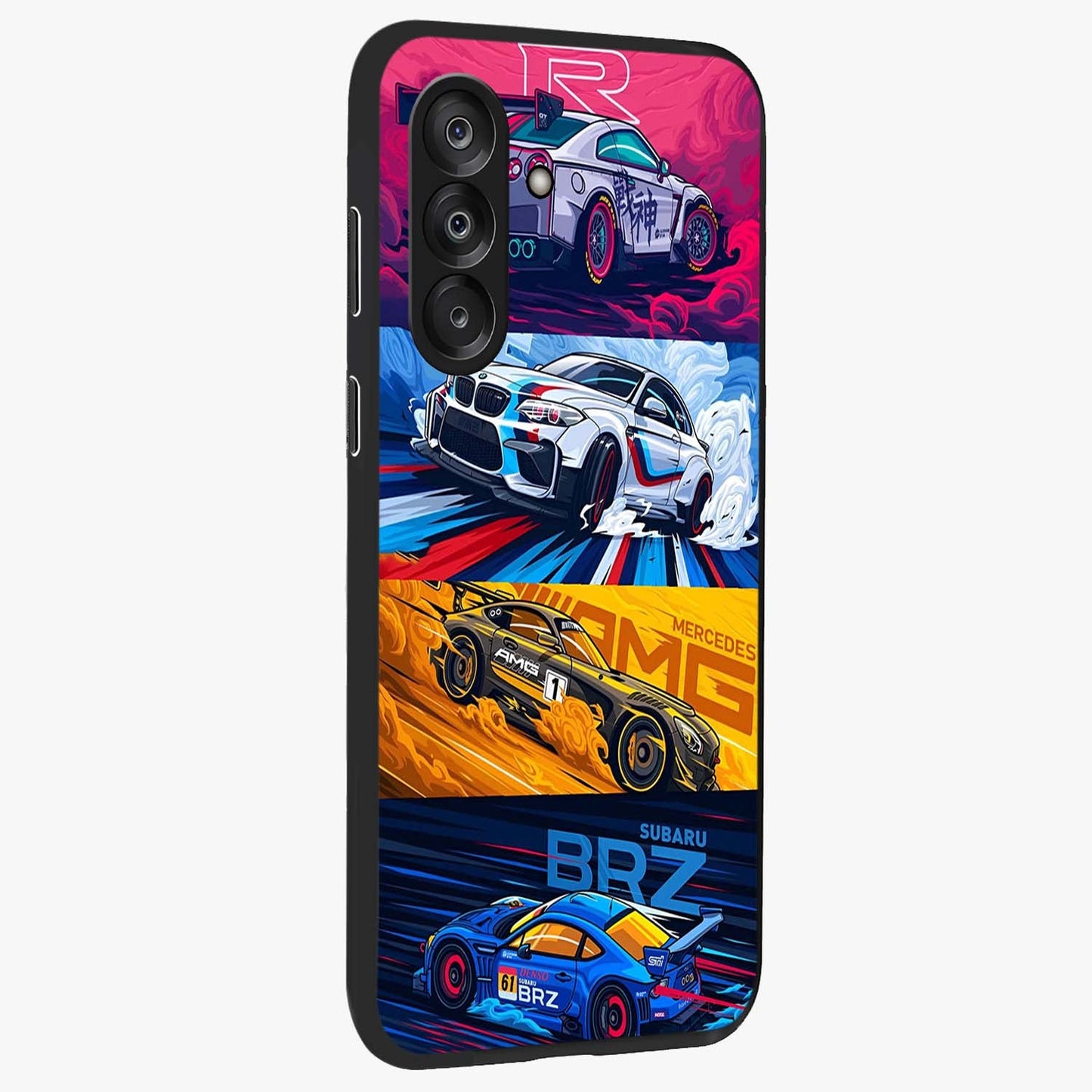 JDM Sports Car Glass Case upright view showcasing dynamic sports car artwork with bold racing theme.