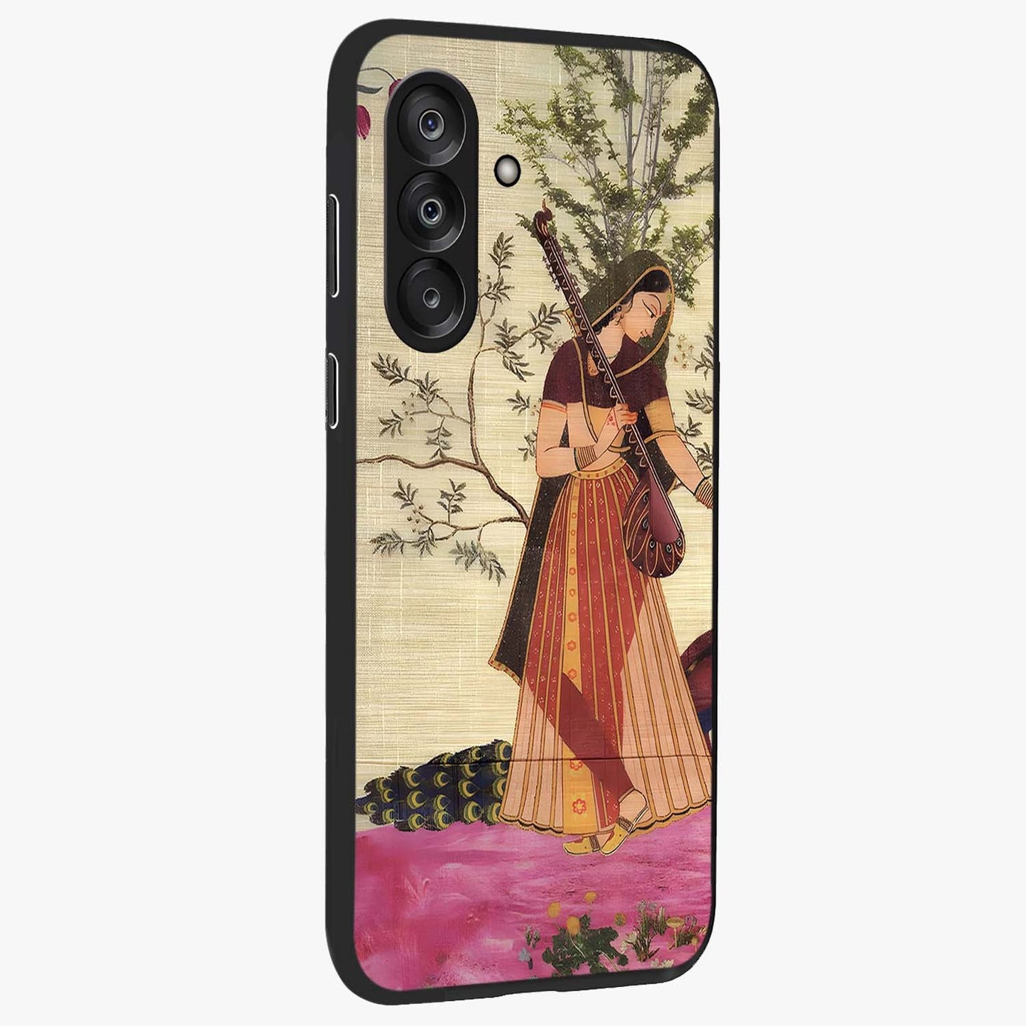 Lady With Veena Art Glass Case upright view showcasing classical veena artwork with traditional artistic theme.