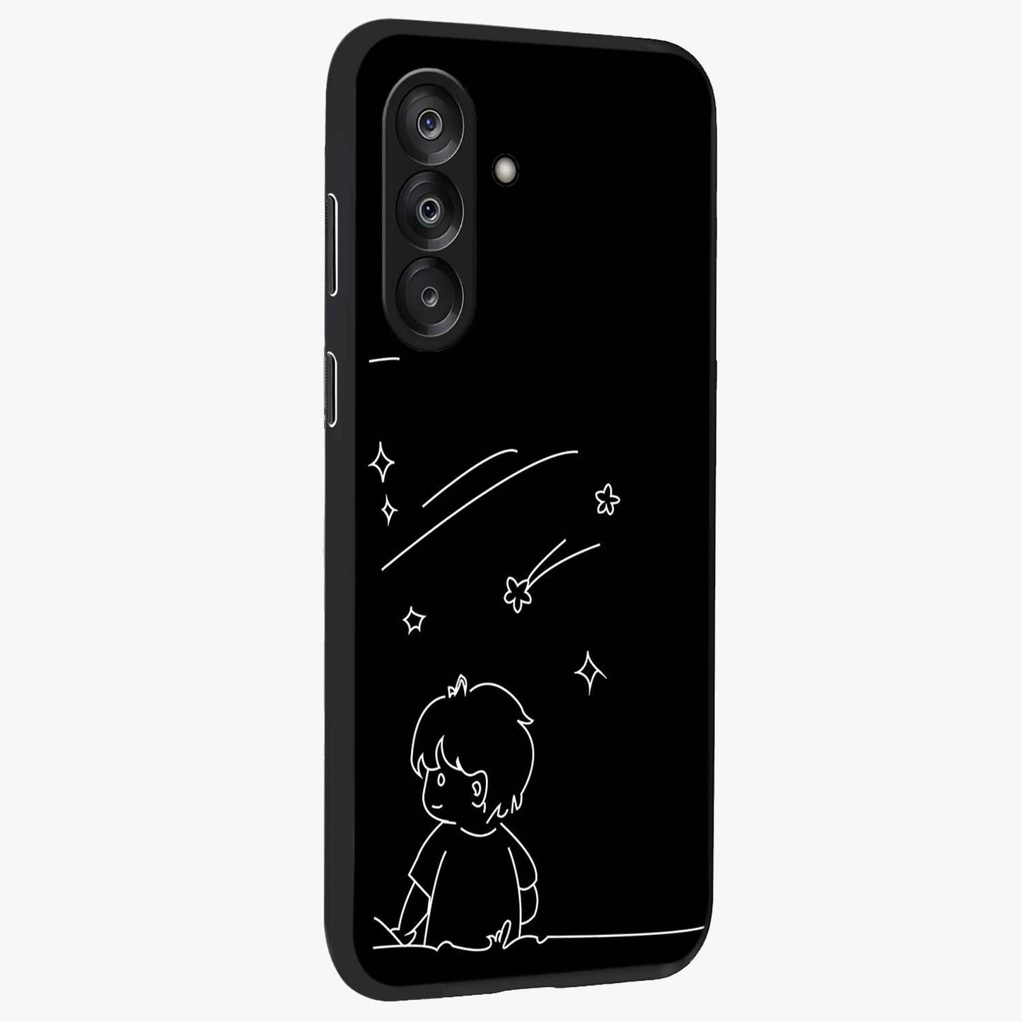 Line Art Boy With Shooting Stars Glass Case upright view showcasing artistic shooting star illustration with minimal style.