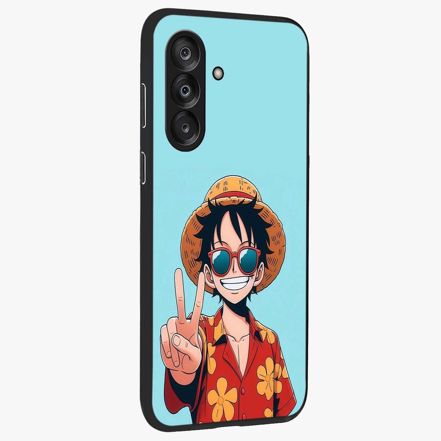 Luffy Summer Anime Vibe Glass Case upright view showcasing dynamic anime artwork with bright adventurous theme.