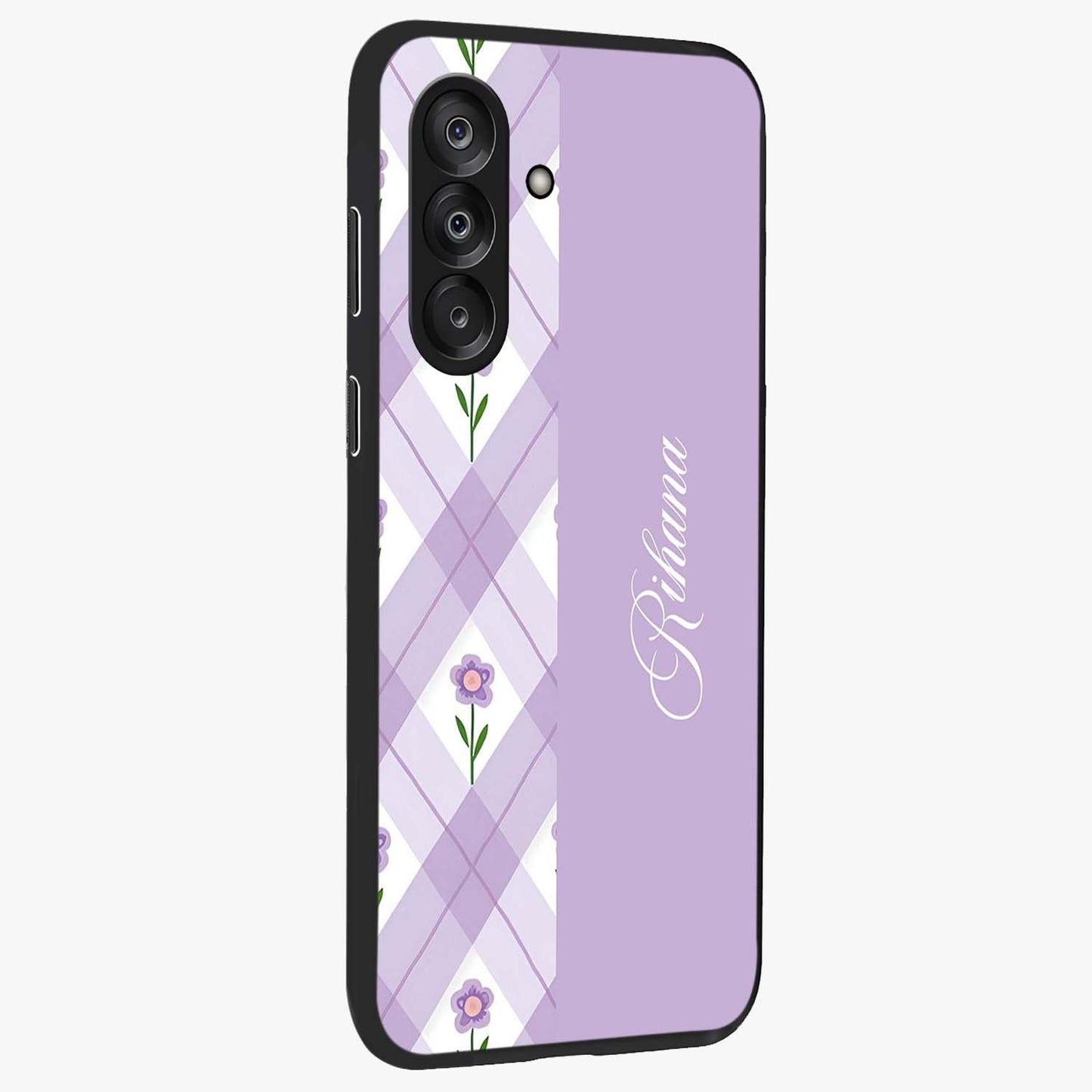 Purple Diamond Floral Glass Case upright view showcasing vibrant floral artwork with stylish geometric theme.
