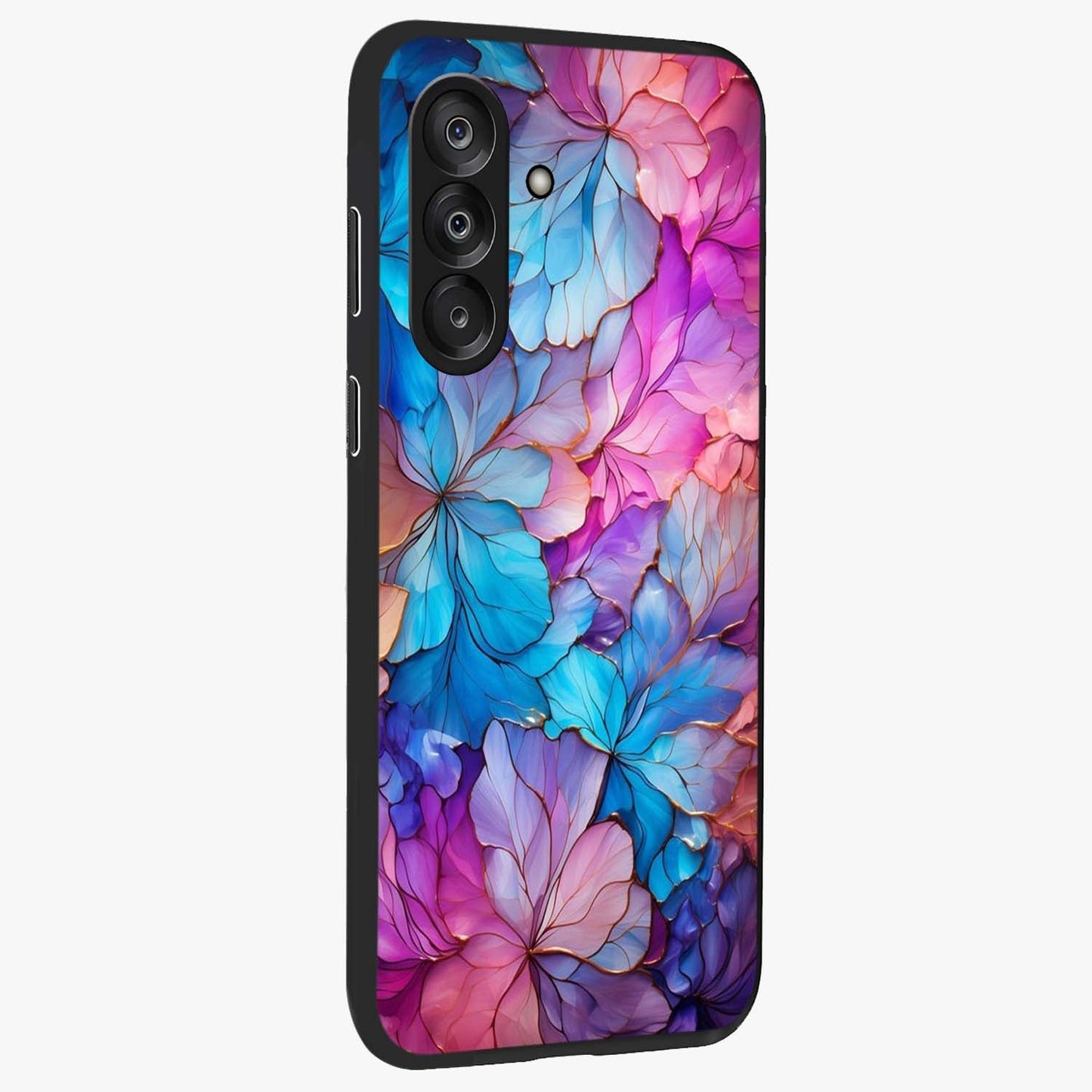 Radiant Floral Whirl Glass Case upright view showcasing lively floral artwork with decorative swirl theme.