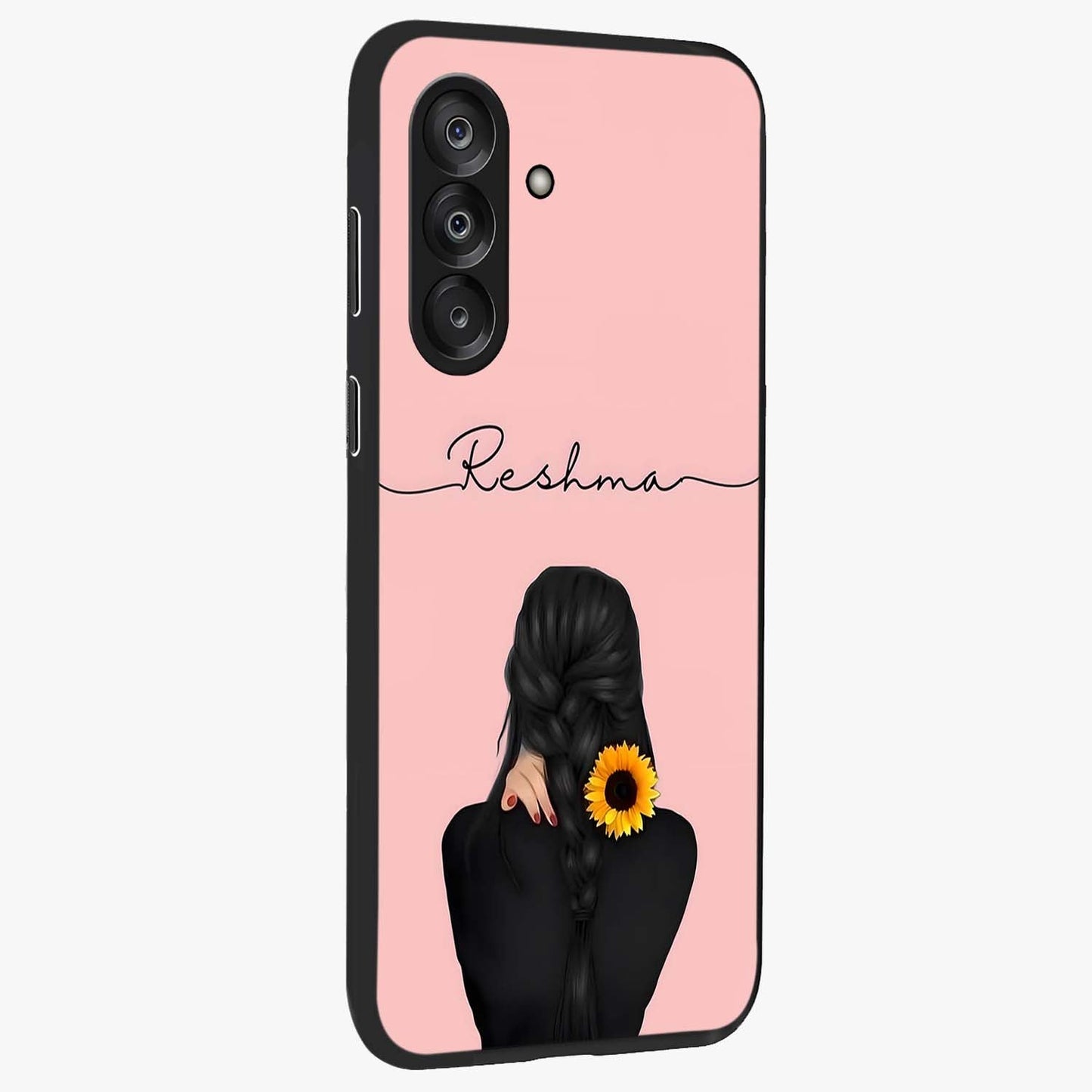 Sunflower Braid Beauty With Custom Name Glass Case upright view showcasing bright sunflower artwork with personalized floral aesthetic.