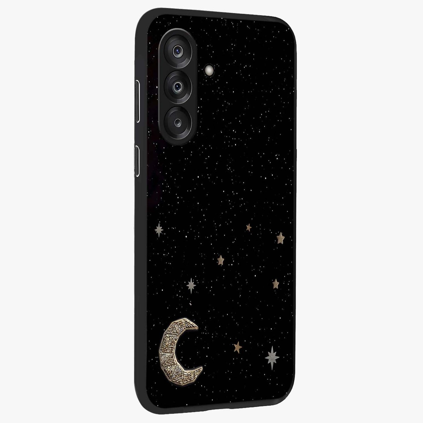 Twinkle Star With Half Moon Glass Case upright view showcasing glowing cosmic artwork with dreamy night theme.