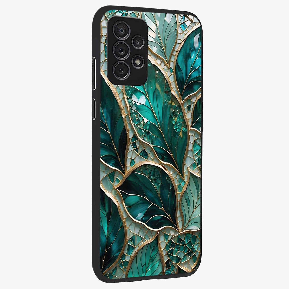 Emerald Leaf Glass Glass Case upright view showcasing fresh green leaf artwork with calming nature inspired style.