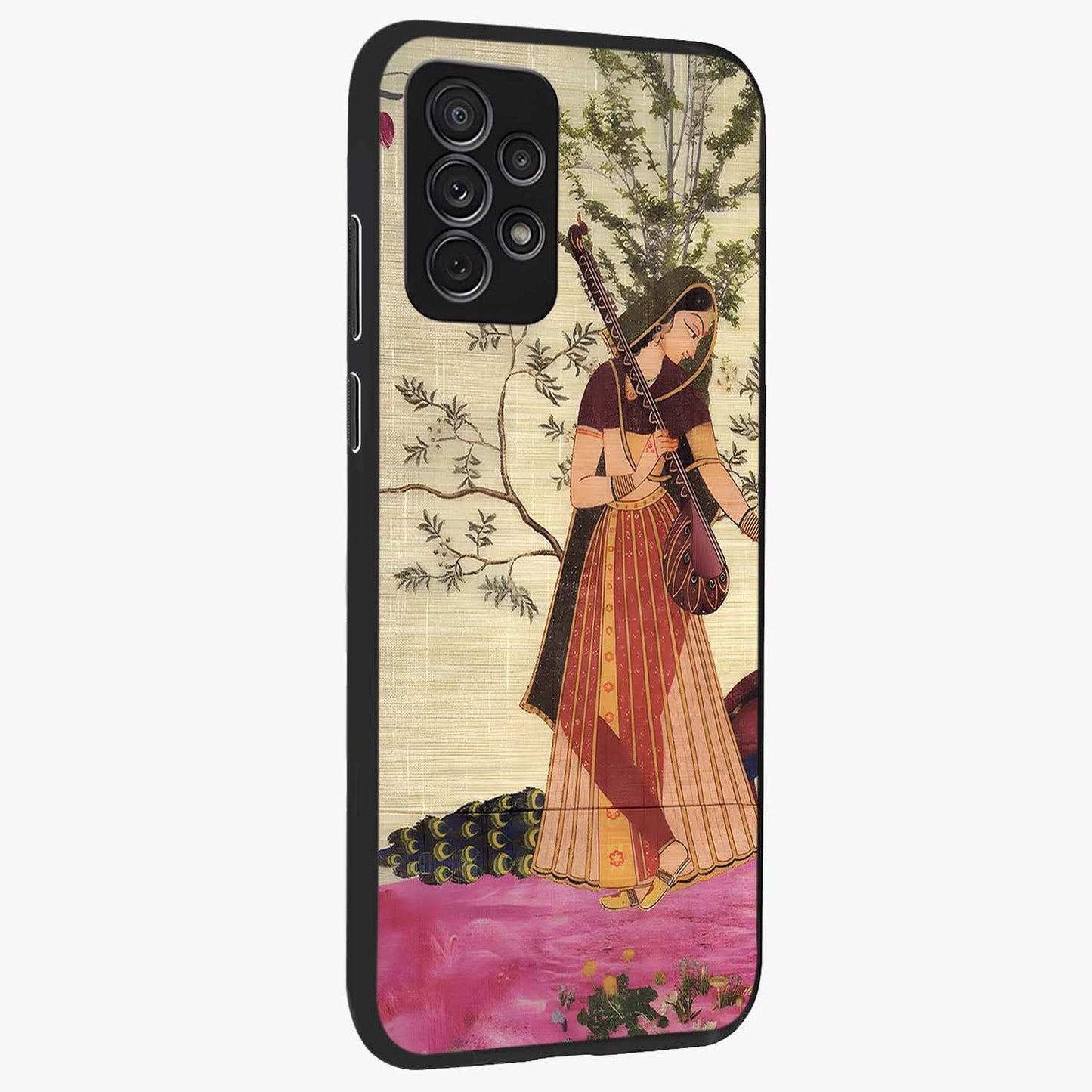 Lady With Veena Art Glass Case upright view showcasing classical veena artwork with traditional artistic theme.