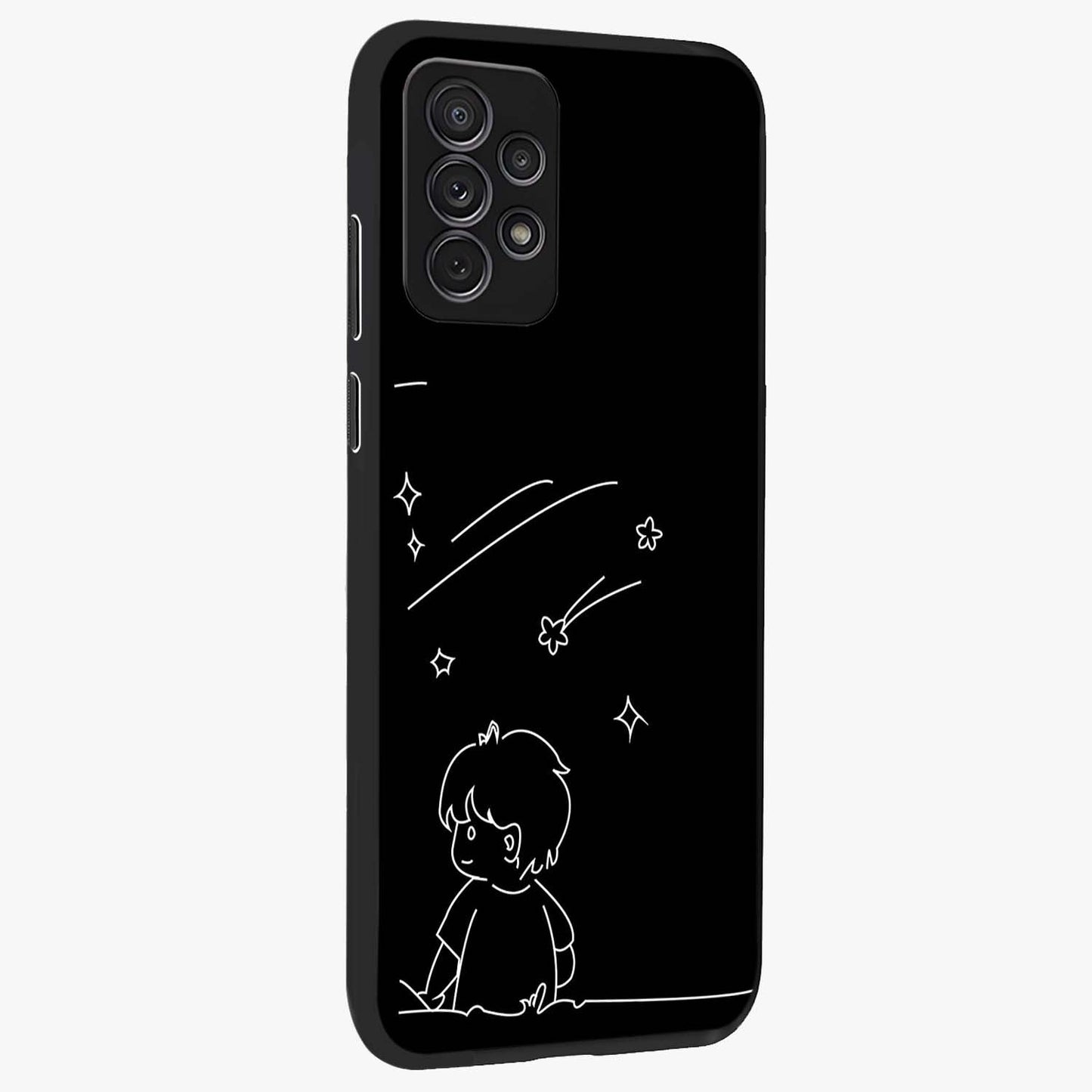 Line Art Boy With Shooting Stars Glass Case upright view showcasing artistic shooting star illustration with minimal style.
