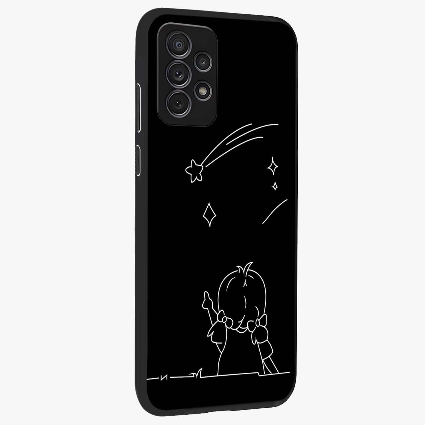 Line Art Girl With Shooting Stars Glass Case upright view showcasing delicate shooting stars artwork with minimal artistic theme.