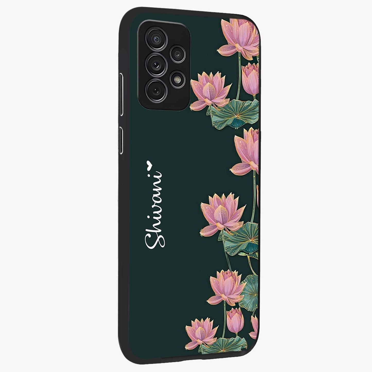 Lotus Bloom Serenity Custom Name Glass Case upright view showcasing serene lotus bloom artwork with personalized floral aesthetic.