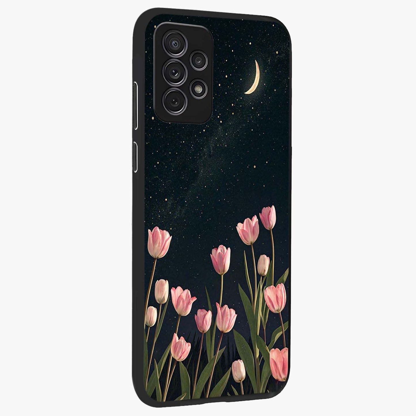 Midnight Tulip Whispers Vibe Glass Case upright view showcasing graceful tulip artwork with calm botanical theme.
