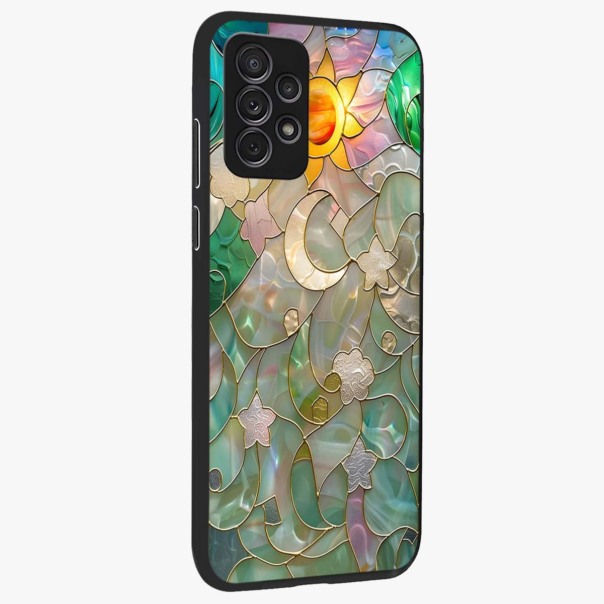 Stained Sunrise Glow Glass Case upright view showcasing colorful sunrise artwork with warm morning theme.