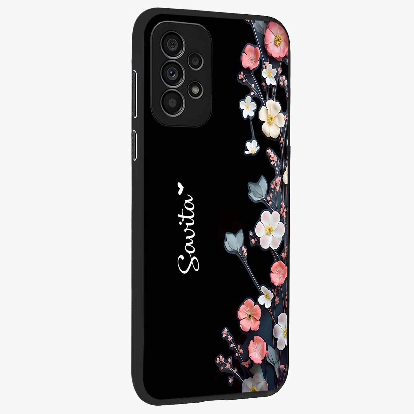 Black Elegance Floral Custom Name Glass Case upright view showcasing luxurious black floral design with personalized name detail.