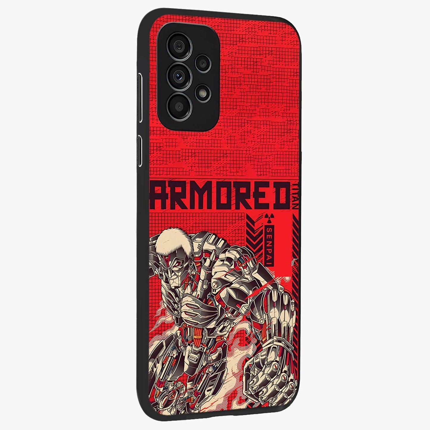 Crimson Mecha Titan Glass Case upright view showcasing dynamic robotic titan design with sci-fi inspired theme.