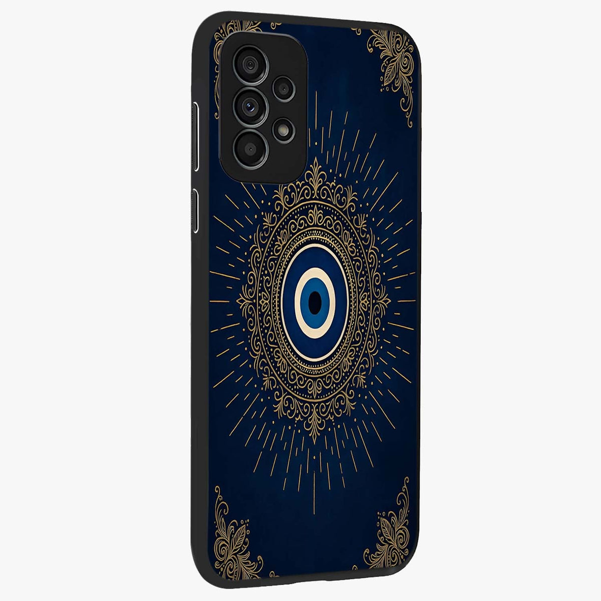 Golden Celestial Charm Glass Case upright view showcasing radiant celestial artwork with elegant golden theme.