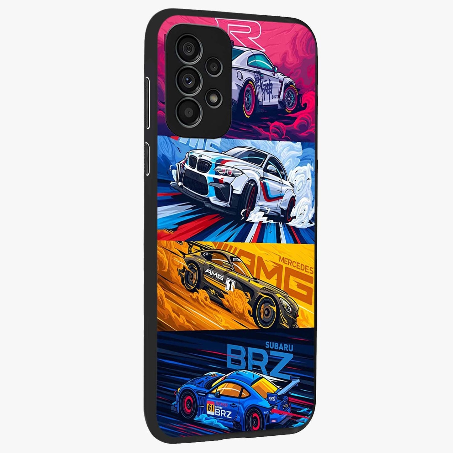 JDM Sports Car Glass Case upright view showcasing dynamic sports car artwork with bold racing theme.