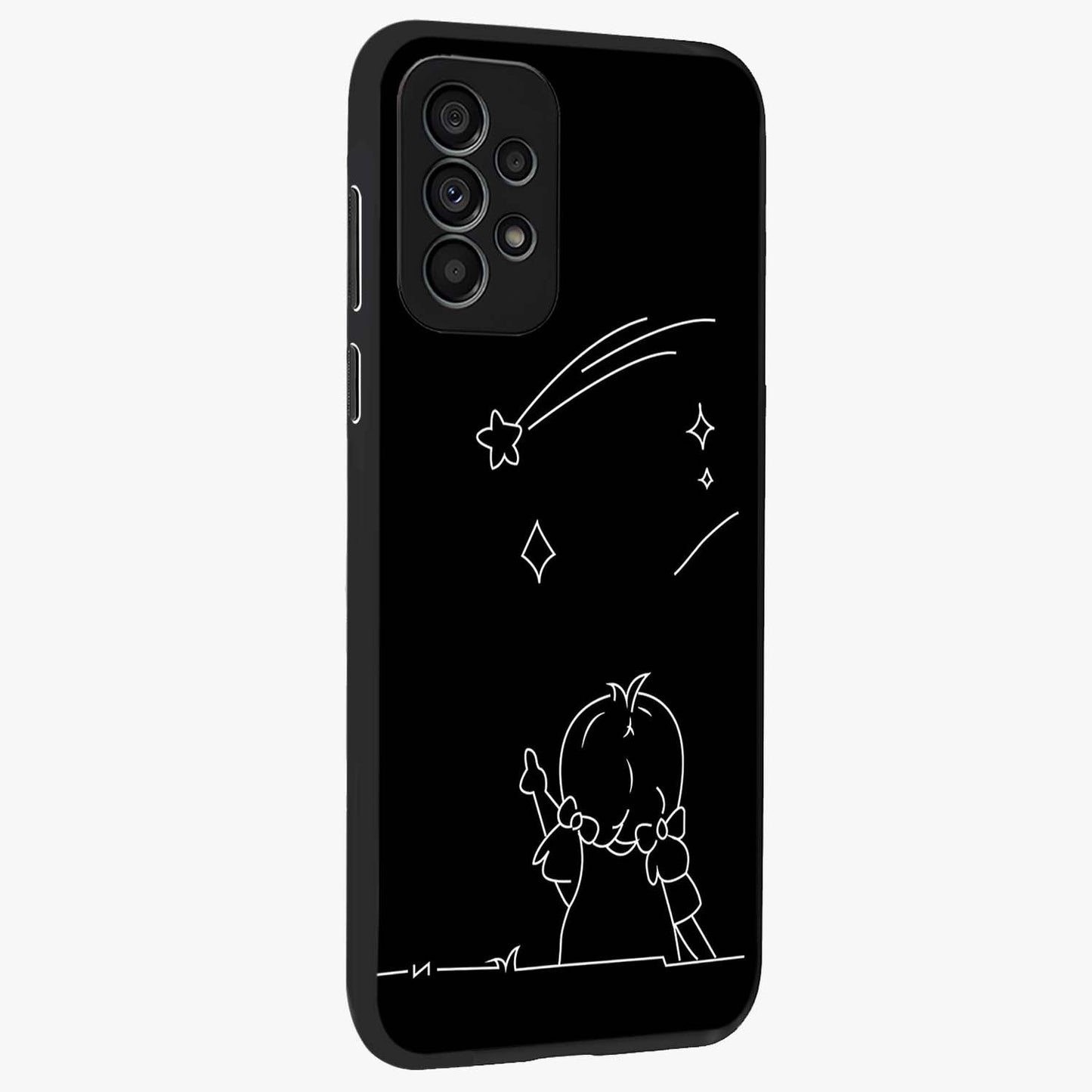 Line Art Girl With Shooting Stars Glass Case upright view showcasing delicate shooting stars artwork with minimal artistic theme.