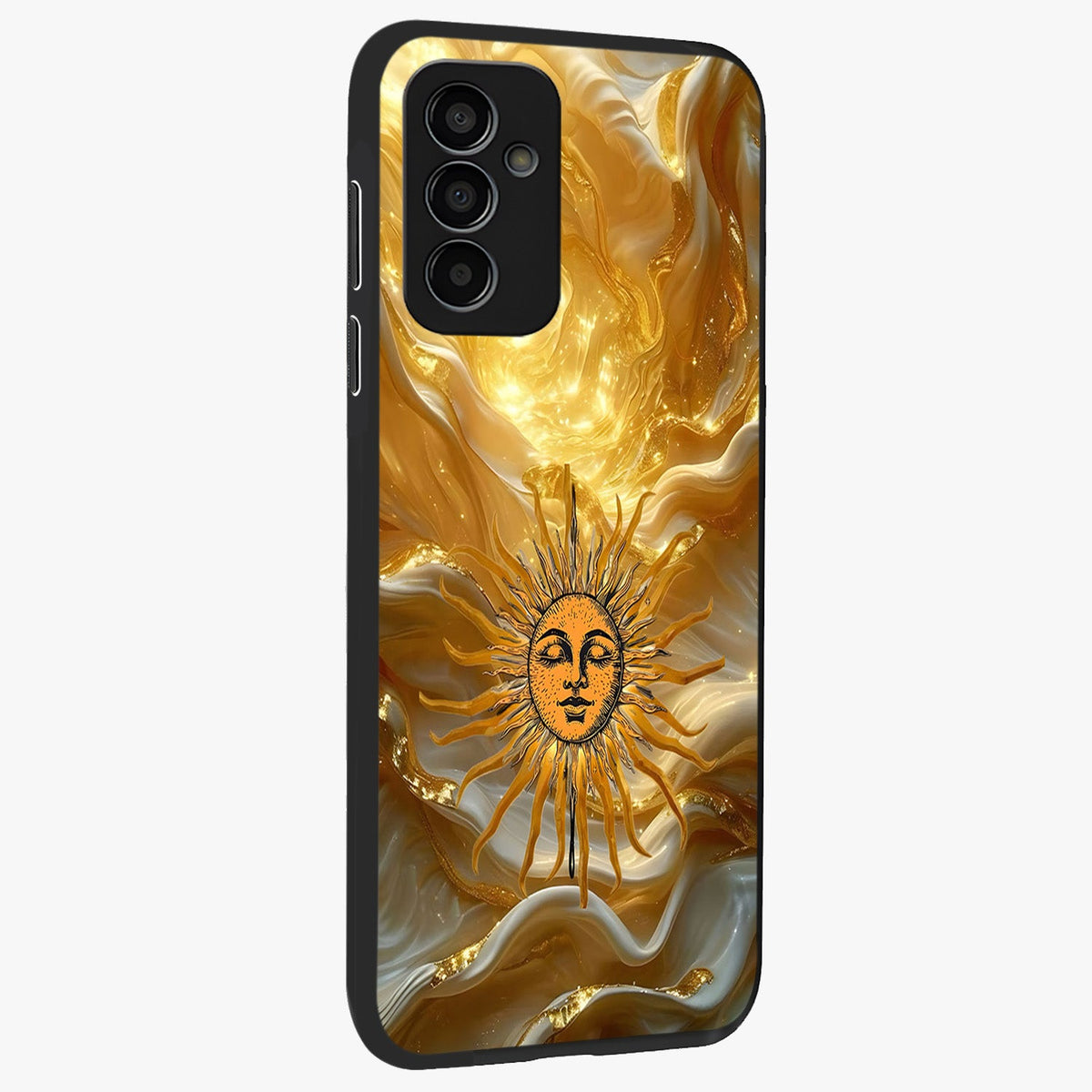 Eternal Golden Glow Glass Case upright view showcasing luminous golden artwork with luxurious visual theme.