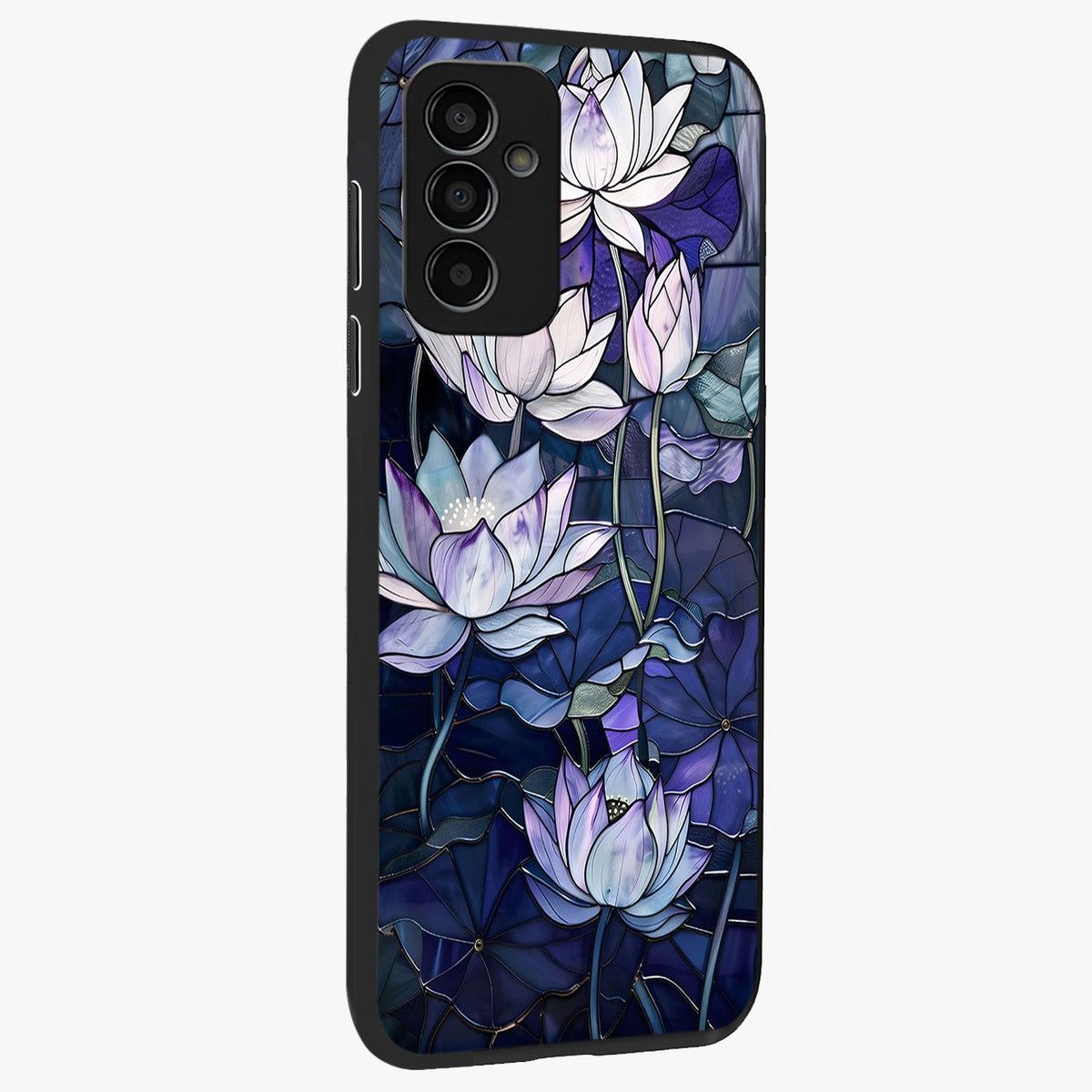 Gloss Petal Rush Glass Case upright view showcasing dynamic floral petal artwork with modern botanical theme.