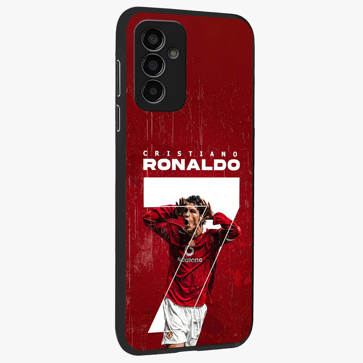 Goal Celebration Legacy Glass Case upright view showcasing dynamic football inspired artwork with victory celebration aesthetic.