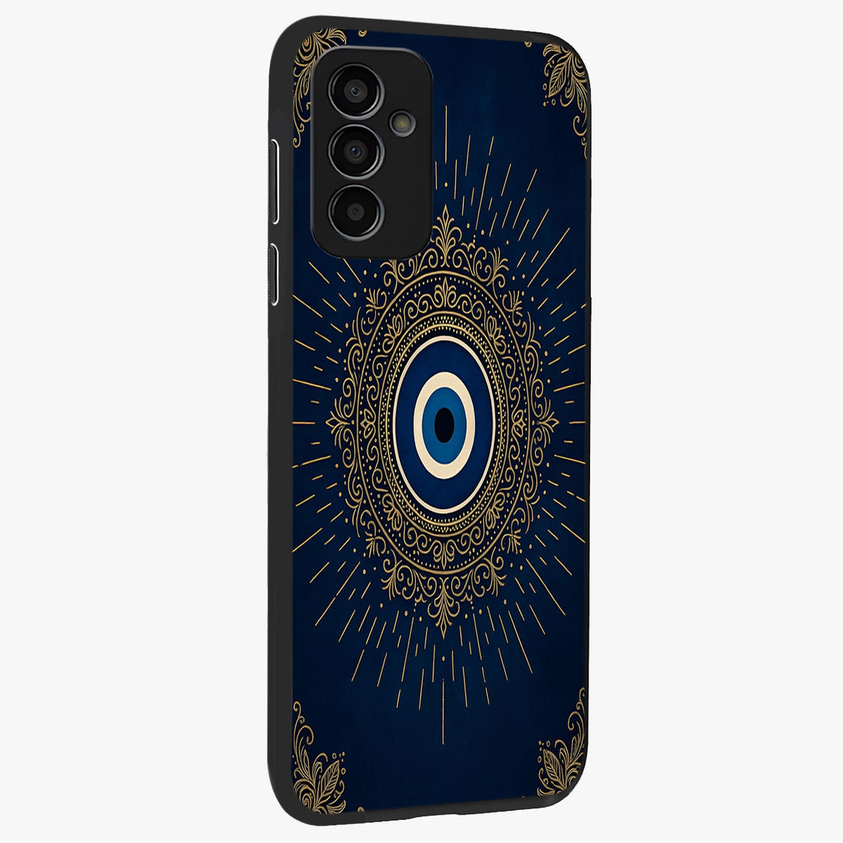 Golden Celestial Charm Glass Case upright view showcasing radiant celestial artwork with elegant golden theme.