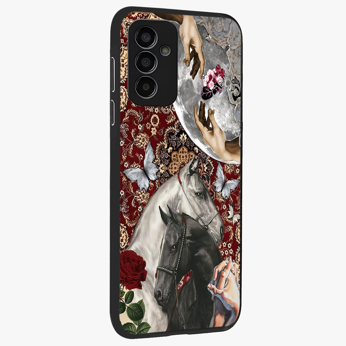 Moonlit Royal Stallion Glass Case upright view showcasing dramatic horse artwork with glowing moon themed design.
