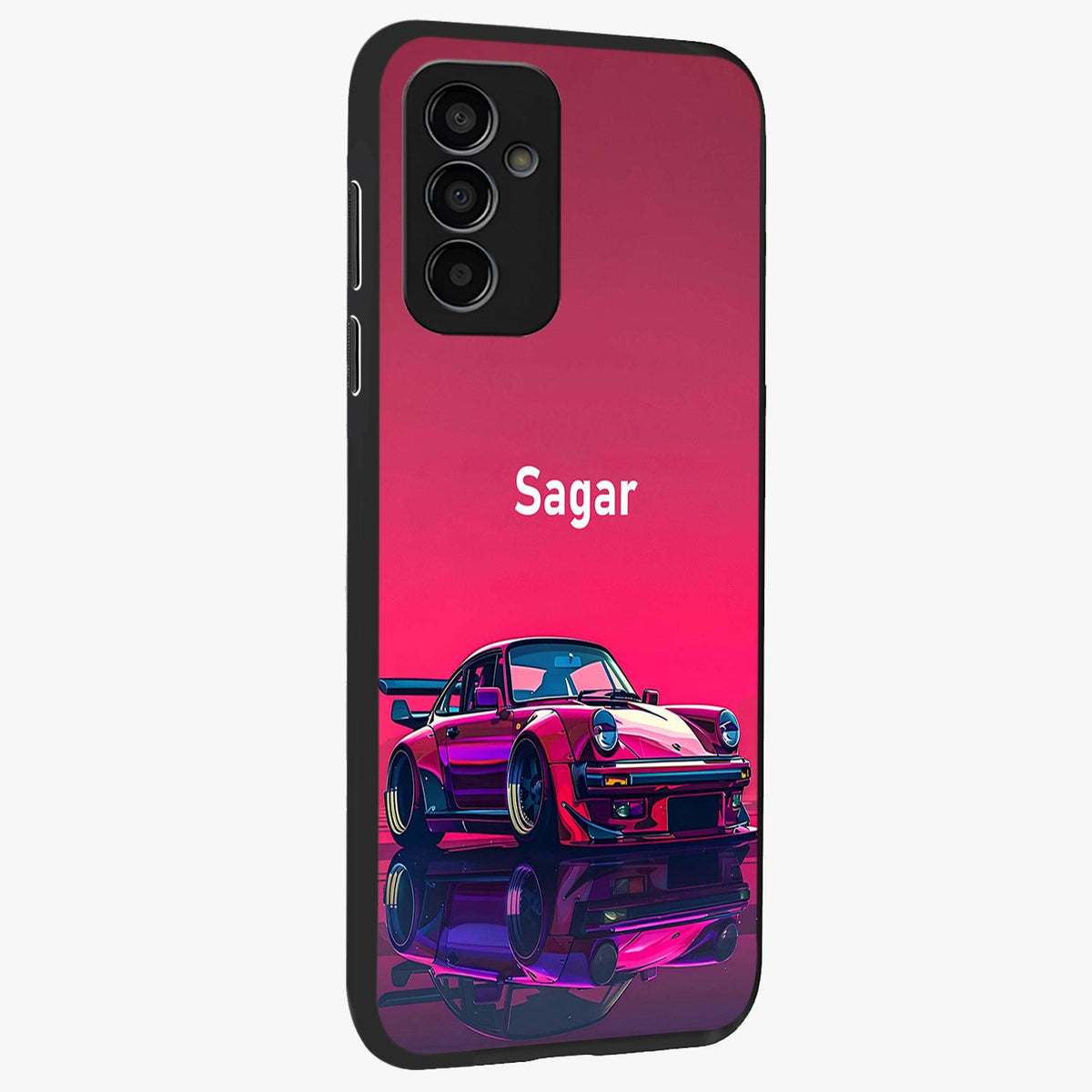Neon Pink Porsche Glass Case upright view showcasing vibrant sports car artwork with bold automotive theme.